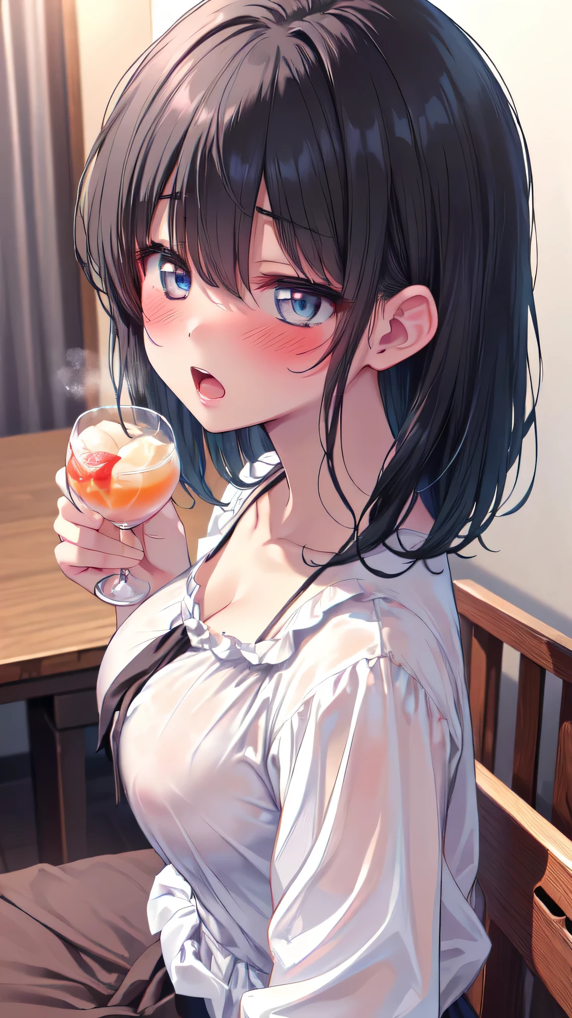 (Ultra-high resolution of the highest quality, masutepiece, Best Quality, 8K, Super Detail, Best Quality:1.3), (Anatomically correct:1.3), (1 Girl), (large breasts), (looks like high school student:1.6), (blush face:1.6), (short black hair), hair over eyes, (drooping eyes:1.3), (white blouse:1.5), (dead drunk:1.8), (beautiful hair, beautiful eyes, beautiful face:1.2), (dead drunk face focus, ear focus, clavicle focus, large breasts focus:1.2), sitting sofa, (from side), (from above), (girl's own room, night city view:1.3), open mouth, steam, upper body shot, (Drinking Cocktail:1.3)