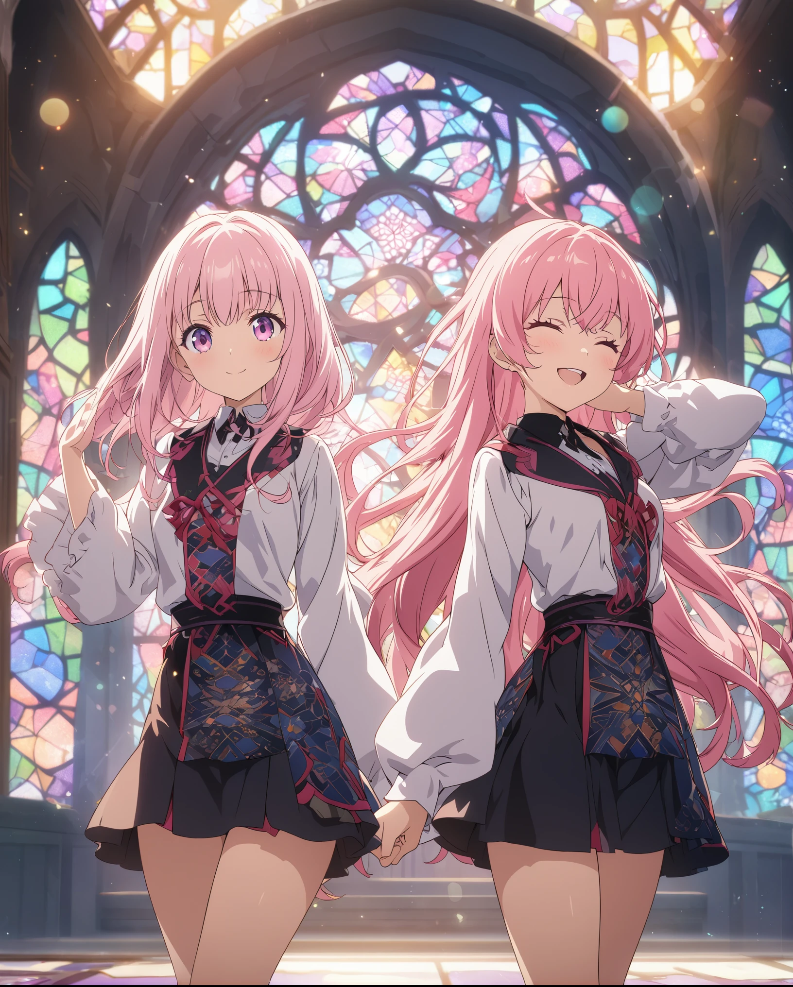 Twin girls, masterpiece, Highest quality, Highly detailed CG Unity 8K wallpapers, High School Girl Anime Illustration, Costumes with Japanese patterns、salute、she has her eyes closed and mouth open, smile. Stained glass background, Pink Hair Color, Pink Eyes, Pink eyelashes, Cowboy Shot, morning, Bokeh, (Soft Focus):1.2, Out of focus highlights, Dreamy atmosphere, Fascinating Depth,  Fantasy