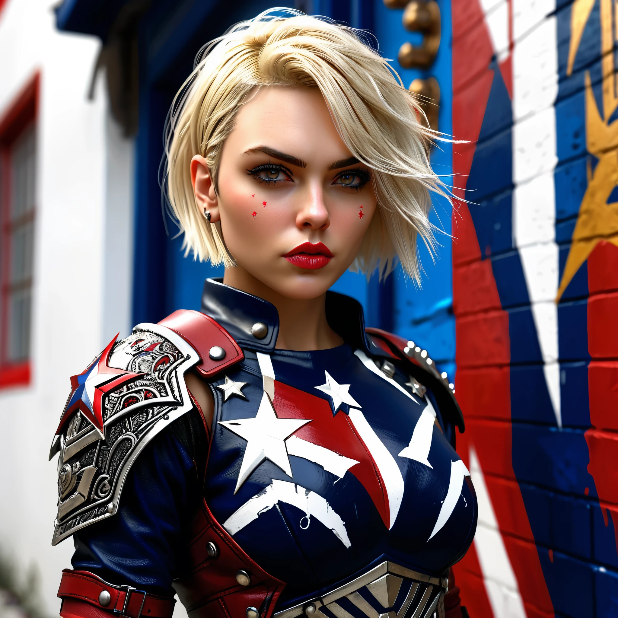star Police cap wearing a black lace dress and an open red leather jacket, long dark hair, beautiful detailed eyes, beautiful detailed lips, extremely detailed eyes and face, longeyelashes, scarlet witch from avengers, loraelizabeth CG Ultrarealistic ,((premium、32K、masterpiece、NffSW:1.3)), (superfine illustration)、(super high resolution), (((adult body))), (((1 girl in))), ((( short hair bob ))), 25 year old cyberpunk gladiator with perfect body, Shoulder pads with metal spikes., Gladiadores in Brooklyn, (( short hair bob )), Torn rugby team t-shirt, Almost naked in the wild urban style of Simon Bisley, short blonde hair, minimal clothing, Metallic protection on the left arm with complex graphics....., Dark red with white stars and blue and white stripes., armor, Full of spikes and rivets., poison tattoo (((Image from the knee up))), short white blonde hair, In the background、 There is a wall with an intricate design painted by Shepard Fairey....., , model photoshoot, RAW photography,ultra-detailed, realistic:1.37, photo-realistic, HDR, studio lighting, ultra-fine painting, sharp focus, physically-based rendering, extreme detail description, professional, vivid colors, bokehvaries,multi,etc. --v 6 --s 1000 --c 20 --q 5 --chaos 100