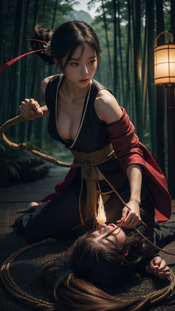 (masterpiece:1.2),(Best image quality,4K,8k,High resolution),Super Detail,(Realistic,Realistic,Realistic:1.37),Ninja girl captured by the enemy, Delicate brushwork, Elaborate kimono, Sharp Eye, Delicate facial features, Flowing black hair, Hidden weapons, Bamboo forest background, Tied up with rough rope, Kneel, costume Half torn, Dark and mysterious atmosphere, Graceful Movement, Delicate lighting, Dynamic configuration, Half torn. Tied up with rough rope背景, costume Half torn, Dark Mysterious Atmosphere, Graceful Movement, Delicate lighting, Dynamic configuration, Vibrant colors, traditional Japanese painting style, Harmonious tone, Red and Black