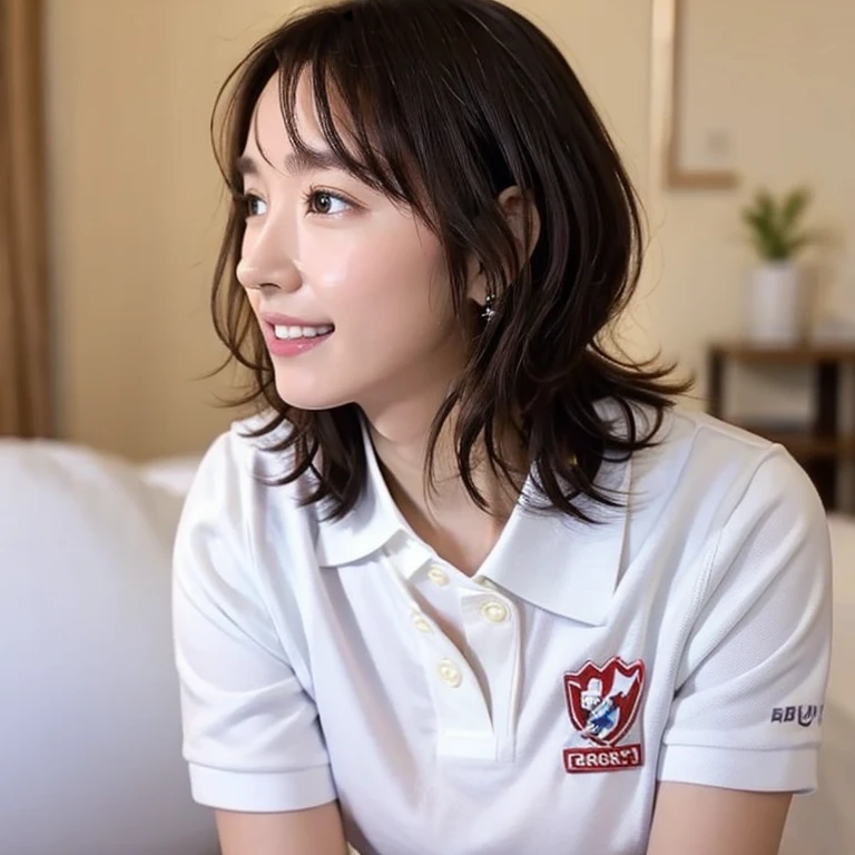 (Masterpiece, Best quality: 1.2), (Aerial shot: 1.2), (From side: 1.5), Looking at viewer, Natural light, 20 years old actress, Japanese women, Neat and clean, ((Wearing white tennis uniform, White short sleeve polo shirt with collar, Not buttoning the polo shirt, White tennis Skirt, White pleated mini skirt: 1.2)), (High ponytail: 1.2) Medium wavy hair, (Beautiful Face), Glossy brown hair color, clear, (Beautiful detailed eyes, Kind eyes), (Clear skin), Small face, Beautiful small mouth, no makeup, Approachable, Hotel rooms, On bed, White socks, Seductive smile, Seductive pose,