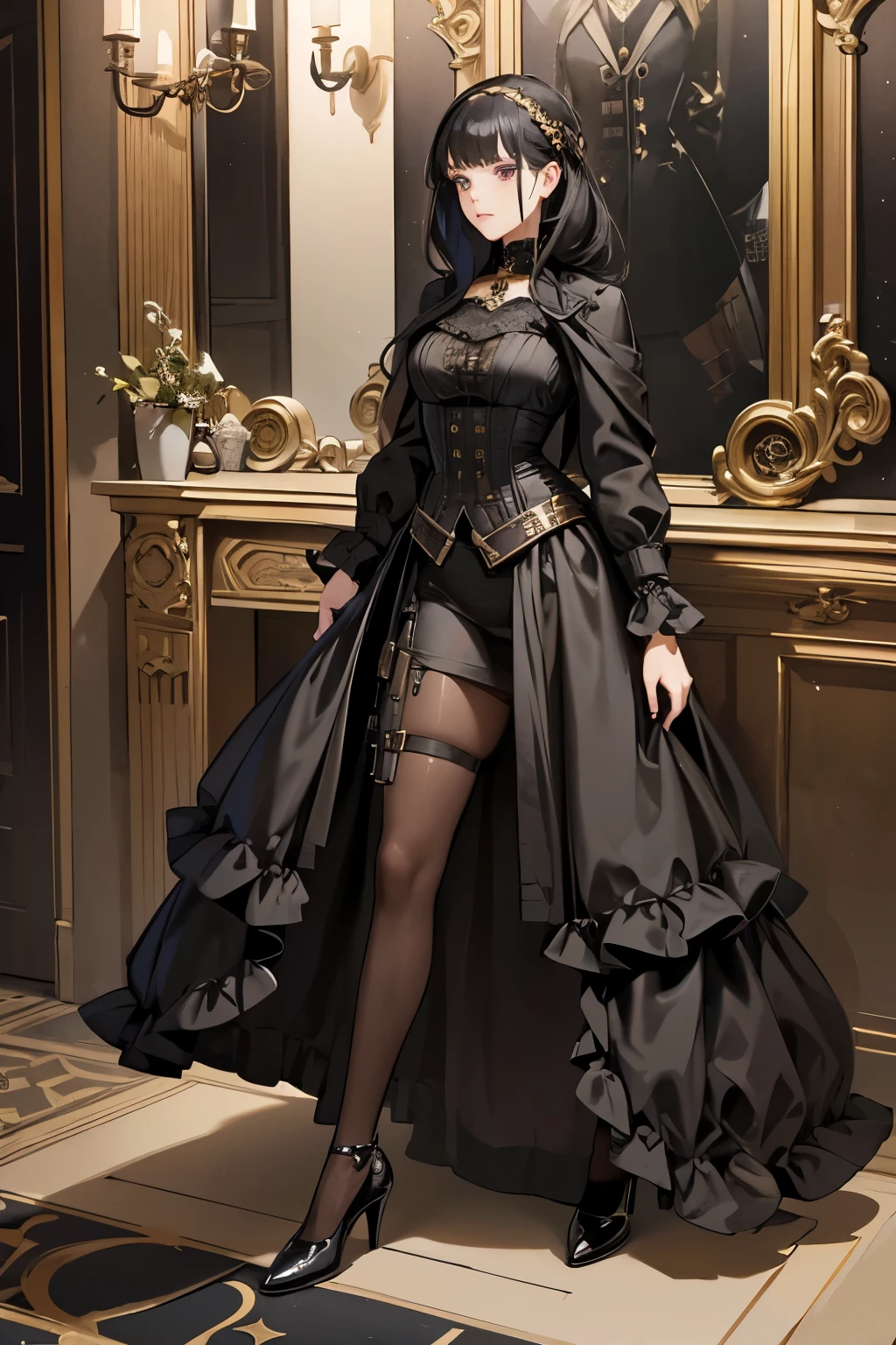 1girl, full body, spy suit, gothic costume, elegant style, steampunk reference, palace dance salon, baroque details, hidden spy weapons, spy equipment hidden in clothes, gothic punk victorian elegant clothing, correas tácticas ocultas, spy girl, tactical spy equipment