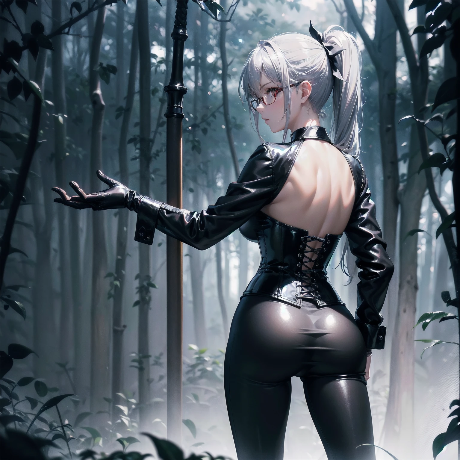 masterpiece, Superior image quality, High resolution, 4k image,photo and gross, photorealistic, whole body, 1 girl, standing, fighting pose, {{{vagina}}}, beautiful face, Silver hair short ponytail, Red eyes, very detailed eyes, serious expression, Glasses, choker:1.6, (white collar button down long sleeve shirt), black gloves, gloves that cover hands, holding a medieval sword with his hand, (black leather corset), (shiny black leggings), Sensual Lips, show details in the eyes, view from behind, perfect ass, looking at the viewer, Dark forest, fog, at night