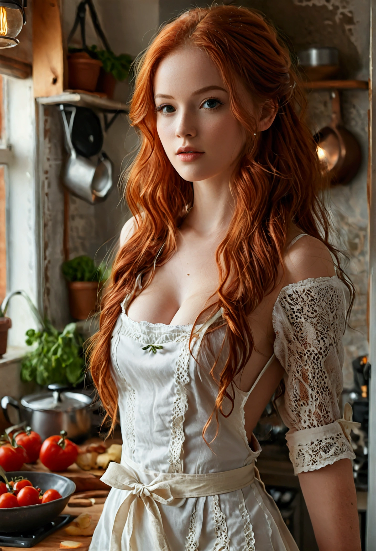 (full body shot:1.7) photorealistic image of a (standing pose:1.3) ultrarealistic, photography, long red hair, woman, 24 years old, hourglass figure, perfect body, Flirty look, natural medium breasts, blur background, wearing a housewife outfit, wearing an apron, prepearing to cook a meal