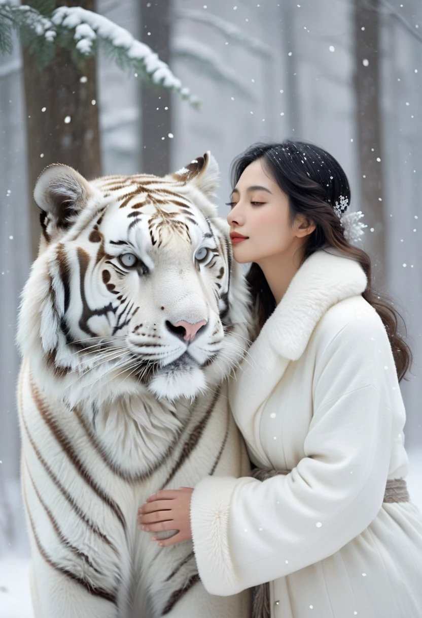 A woman and a slightly larger white tiger are depicted in a scene of mutual affection against a snowy backdrop. The woman dressed in winter fur coat, shares serene expressions with the tiger, emphasizing their harmonious coexistence. The setting is a tranquil forest, with glistening snowflakes adding to the ethereal beauty of the scene. The interaction between the woman and the tiger is gentle, showcasing a delicate contrast between human and animal. The image is captured with a soft-focus effect and a muted color palette, enhancing the high fidelity of the photograph. The perspective is intimate, drawing the viewer into this moment of peaceful coexistence