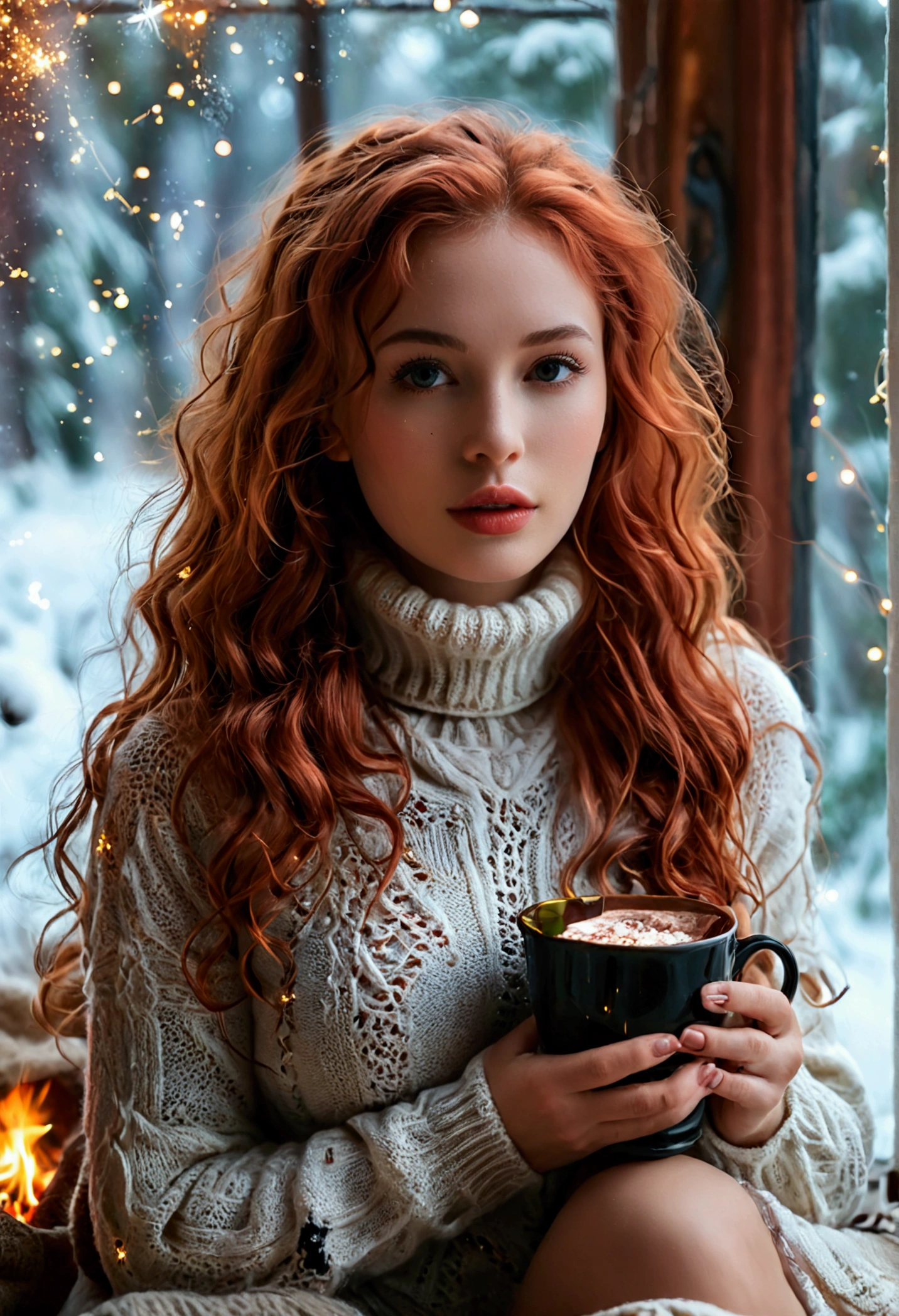 An ultra hot beautiful european woman, age 23, red wavy hair. she's a playmate, men magazine model, enjoying a cozy evening by the fire. She wears a turtleneck winter color wool sweater and tight shorts. Trough the window, winter starry night. Northern lights, Perfect anatomy, perfect hair, perfect breast, perfect body, perfect hands, perfect face, UHD, retina, masterpiece, accurate, anatomically correct, textured skin, cleavage, holding a cup of steaming hot chocolate in her hands