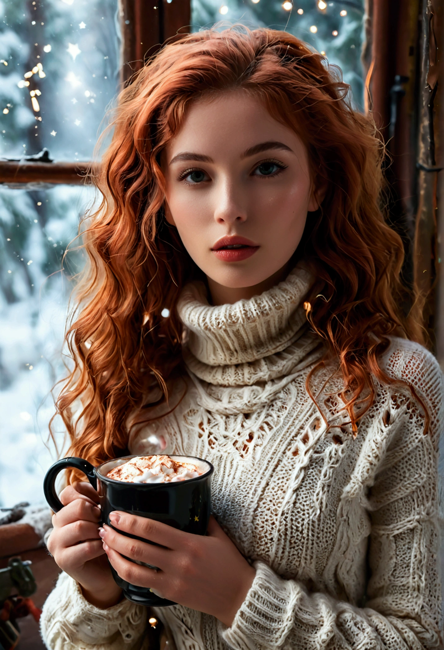 An ultra hot beautiful european woman, age 23, red wavy hair. she's a playmate, men magazine model, enjoying a cozy evening by the fire. She wears a turtleneck winter color wool sweater and tight shorts. Trough the window, winter starry night. Northern lights, Perfect anatomy, perfect hair, perfect breast, perfect body, perfect hands, perfect face, UHD, retina, masterpiece, accurate, anatomically correct, textured skin, cleavage, holding a cup of steaming hot chocolate in her hands