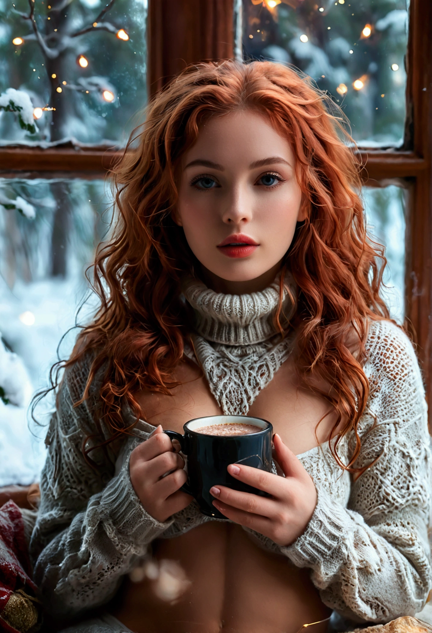 An ultra hot beautiful european woman, age 23, red wavy hair. she's a playmate, men magazine model, enjoying a cozy evening by the fire. She wears a turtleneck winter color wool sweater and tight shorts. Trough the window, winter starry night. Northern lights, Perfect anatomy, perfect hair, perfect breast, perfect body, perfect hands, perfect face, UHD, retina, masterpiece, accurate, anatomically correct, textured skin, cleavage, holding a cup of steaming hot chocolate in her hands