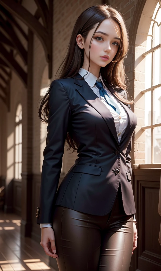 brown hair, big tis, Long brown hair, medieval style suit, blue details on clothes