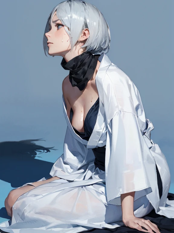 {erotic face,anguish,(patience:1.1),(very ecstasy:1.2),(writhing:1.4),embarrassing,half open eye},{(blue glowing eyes:1,4),(sensual look:1.4)},BREAK,{(realistic photo graphic style:1.4),(watercolor image:1.2),sketch,overall light color},{(simple configuration:1.1),(profile:1.2),(look away:1.2)},{(simple light_blue background:1.4),(hydrangea:1.4),(cast a shadow on the background:1.4)},BREAK,{(fower pattern on white yukata:1.4),(disheveled fukata:1.4)},BREAK,{(clavicle:1.2),(cleavage between breasts:1),(thigh:1.4),(sweat on the neck:1.2)},{(solo, YoRHa type of Nier Automa):1.2, (white_silver colored hair:1.4), short cut hair, (blue glowing eyes:1,4),(black bandana:1.5)},BREAK,{(masterpiece,best quality, 8K UHD, extremely detailed CG, detailed beautiful face and eyes and skin and hair)}