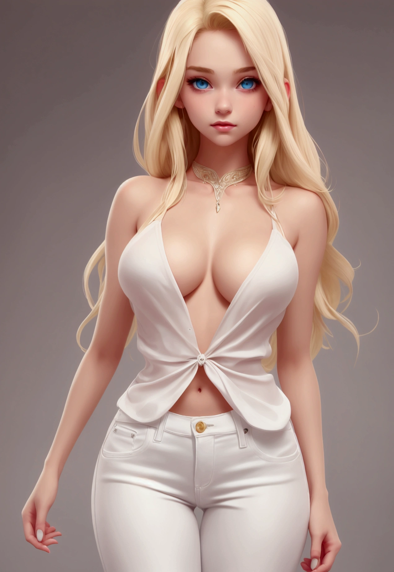 woman 18 years old, long blonde hair, greeneyes, white blouse with neckline, medium sized breasts , Skinny jeans,