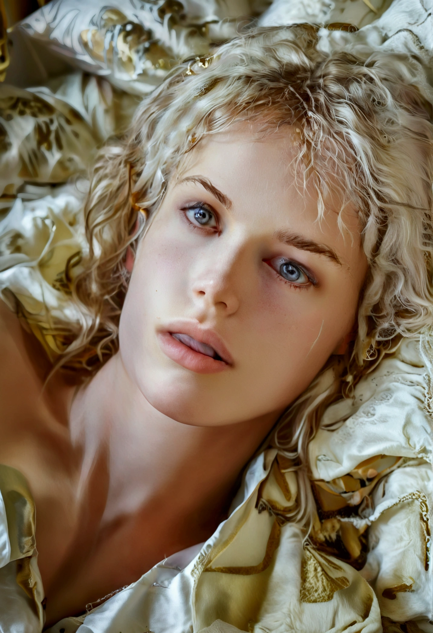close portrait of 18-years-old young feminine beautiful male dutch high fashion model, dramatic dynamic pose, very long wavy hair, white hair, loose hair, skinny young body, bare slim male torso, no clothes, pale skin, golden silver white silk loincloth, very long hair, lying on silk pillows, gold, marble grotesque