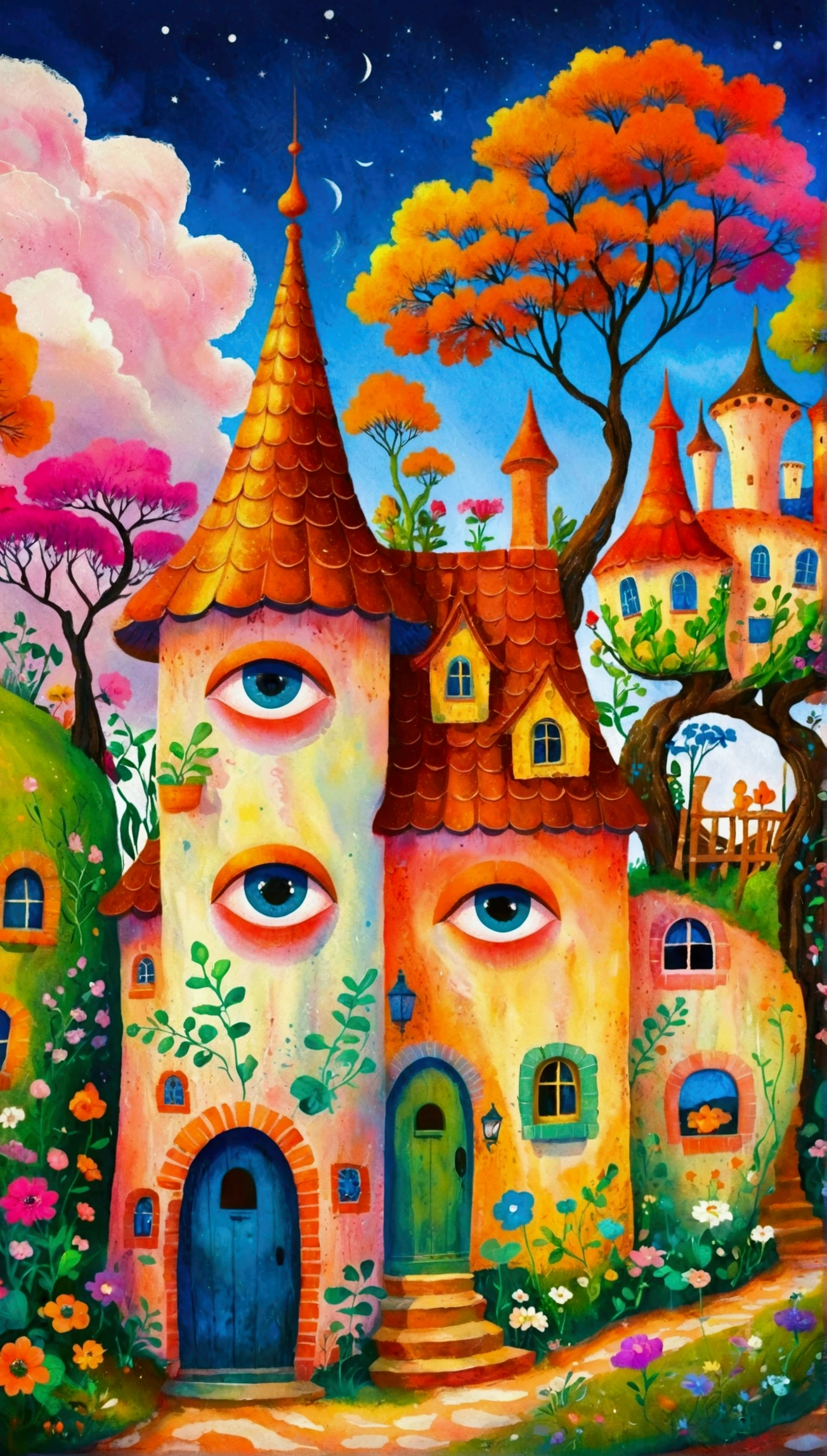 Artists from the stars，Pastel Art：长满Eye的城堡，(((Eye)))，Twisted Castle，Colorful black，植物上的Eye， Popular trends on pixabay, Childish Art, Fantastic art, Fantastic and psychedelic, rich and colorful house, sunlight and Fantastic houses, Fantastic fantasy landscape art, rich and colorful illustration, rich and colorfull illustration, Magical Village, Fantastic!!, Wizarding World. rich and colorful, Fantastic!!!, colorful、Rich details waiting to start 
