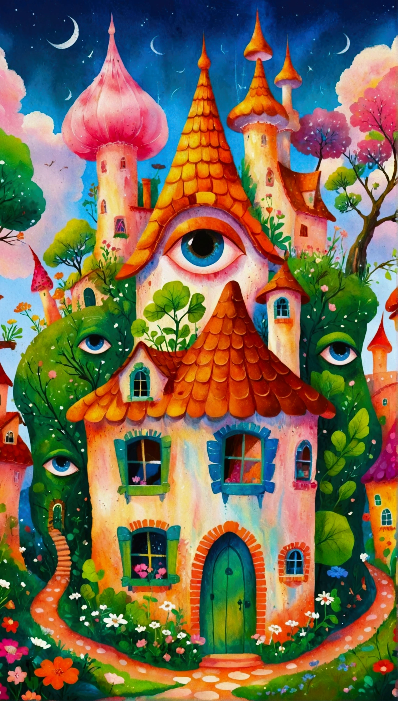 Artists from the stars，Pastel Art：长满Eye的城堡，(((Eye)))，Twisted Castle，Colorful black，植物上的Eye， Popular trends on pixabay, Childish Art, Fantastic art, Fantastic and psychedelic, rich and colorful house, sunlight and Fantastic houses, Fantastic fantasy landscape art, rich and colorful illustration, rich and colorfull illustration, Magical Village, Fantastic!!, Wizarding World. rich and colorful, Fantastic!!!, colorful、Rich details waiting to start 
