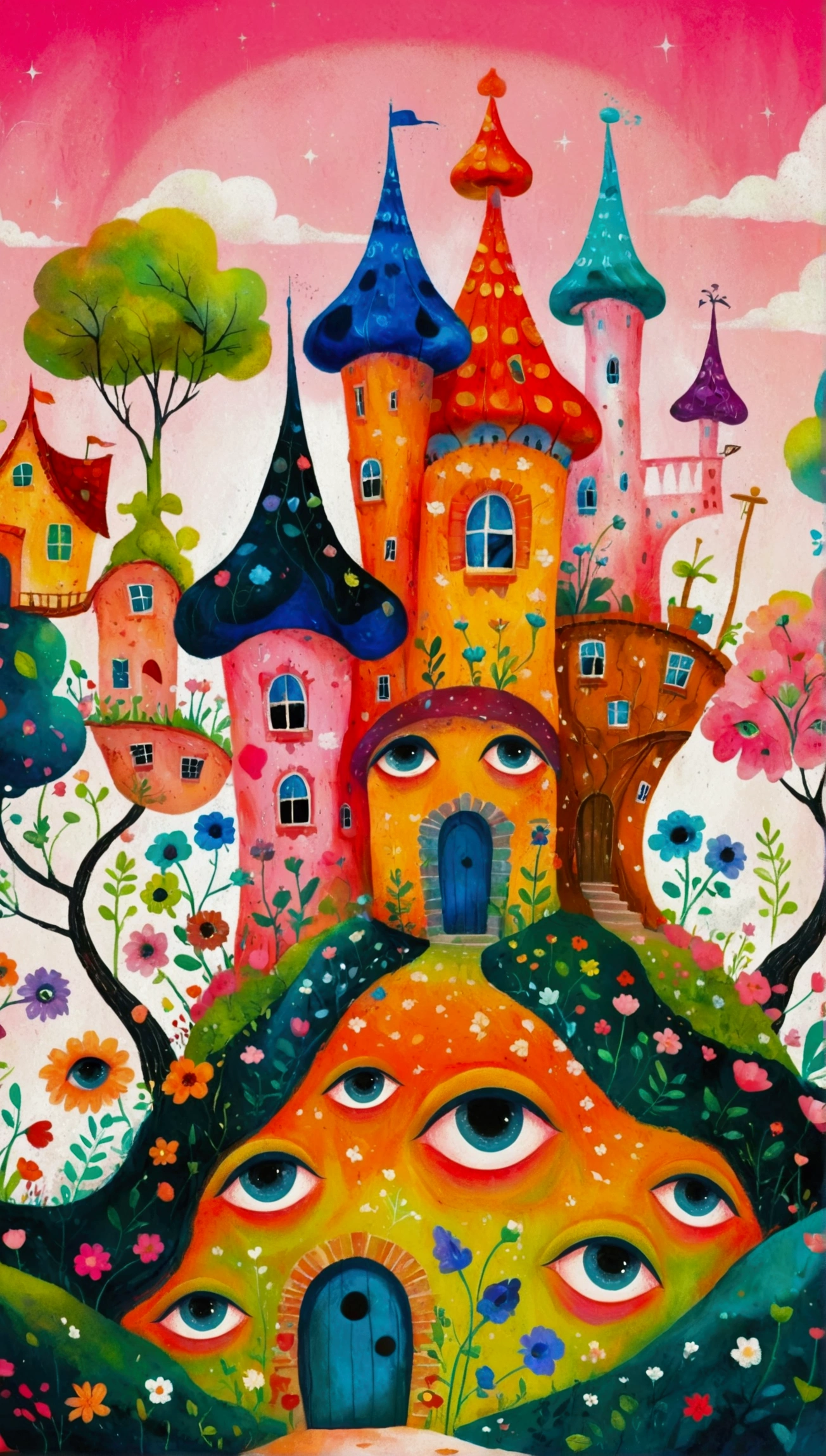 Artists from the stars，Pastel Art：长满Eye的城堡，(((Eye)))，Twisted Castle，Colorful black，植物上的Eye， Popular trends on pixabay, Childish Art, Fantastic art, Fantastic and psychedelic, rich and colorful house, sunlight and Fantastic houses, Fantastic fantasy landscape art, rich and colorful illustration, rich and colorfull illustration, Magical Village, Fantastic!!, Wizarding World. rich and colorful, Fantastic!!!, colorful、Rich details waiting to start 
