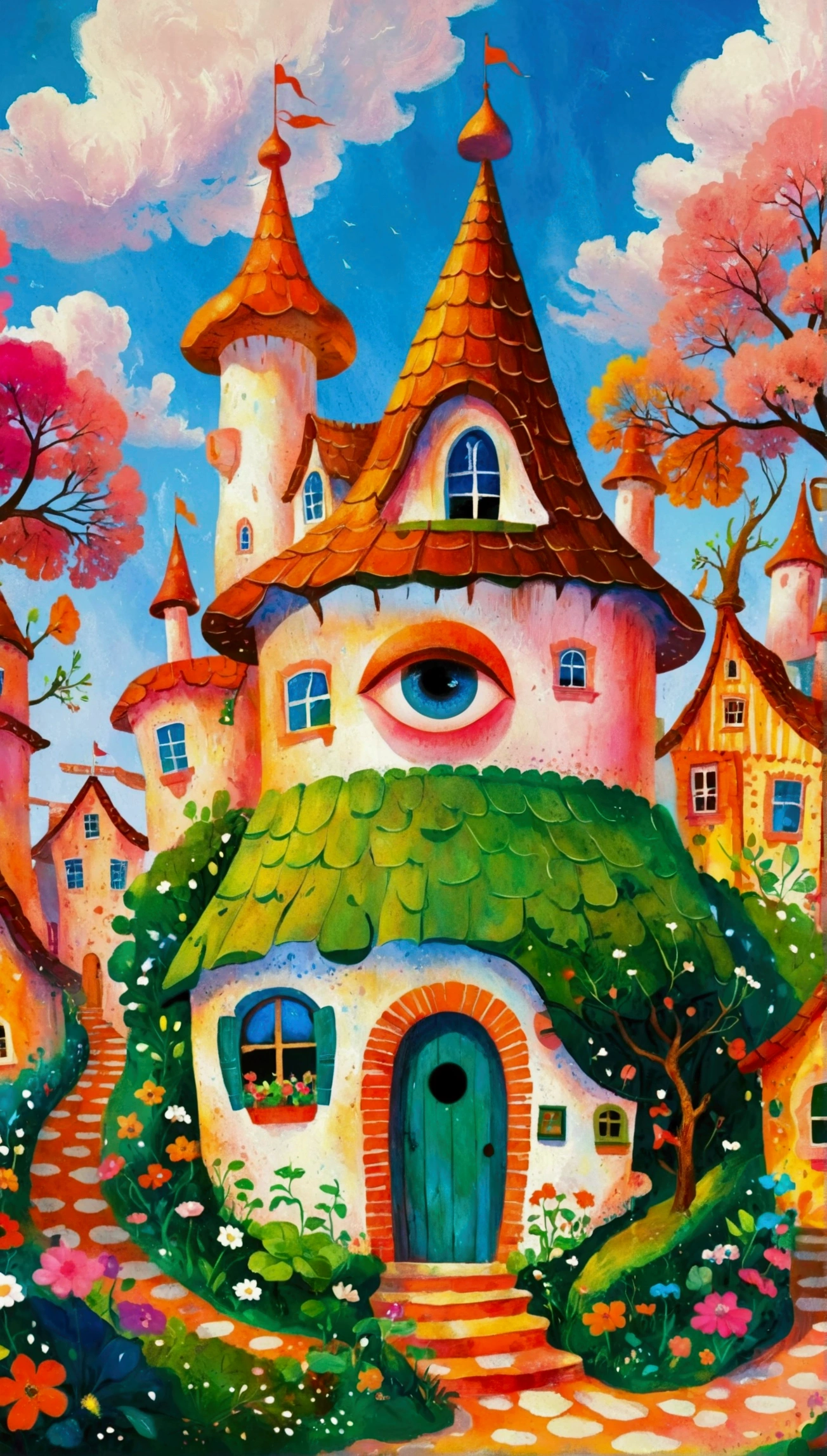 Artists from the stars，Pastel Art：长满Eye的城堡，(((Eye)))，Twisted Castle，Colorful black，植物上的Eye， Popular trends on pixabay, Childish Art, Fantastic art, Fantastic and psychedelic, rich and colorful house, sunlight and Fantastic houses, Fantastic fantasy landscape art, rich and colorful illustration, rich and colorfull illustration, Magical Village, Fantastic!!, Wizarding World. rich and colorful, Fantastic!!!, colorful、Rich details waiting to start 
