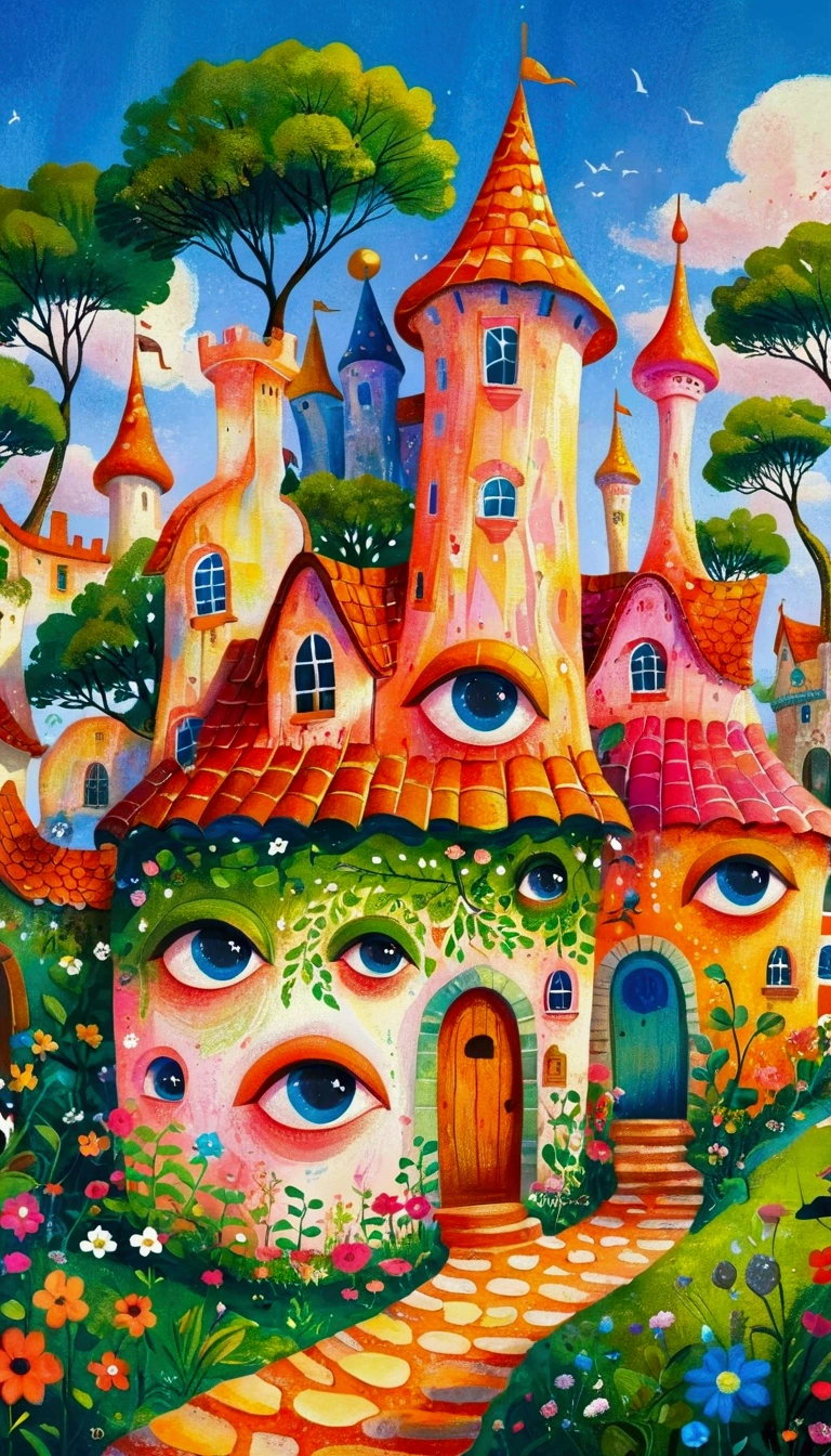 Artists from the stars，Pastel Art：长满Eye的城堡，(((Eye)))，Twisted Castle，Colorful black，植物上的Eye， Popular trends on pixabay, Childish Art, Fantastic art, Fantastic and psychedelic, rich and colorful house, sunlight and Fantastic houses, Fantastic fantasy landscape art, rich and colorful illustration, rich and colorfull illustration, Magical Village, Fantastic!!, Wizarding World. rich and colorful, Fantastic!!!, colorful、Rich details waiting to start 
