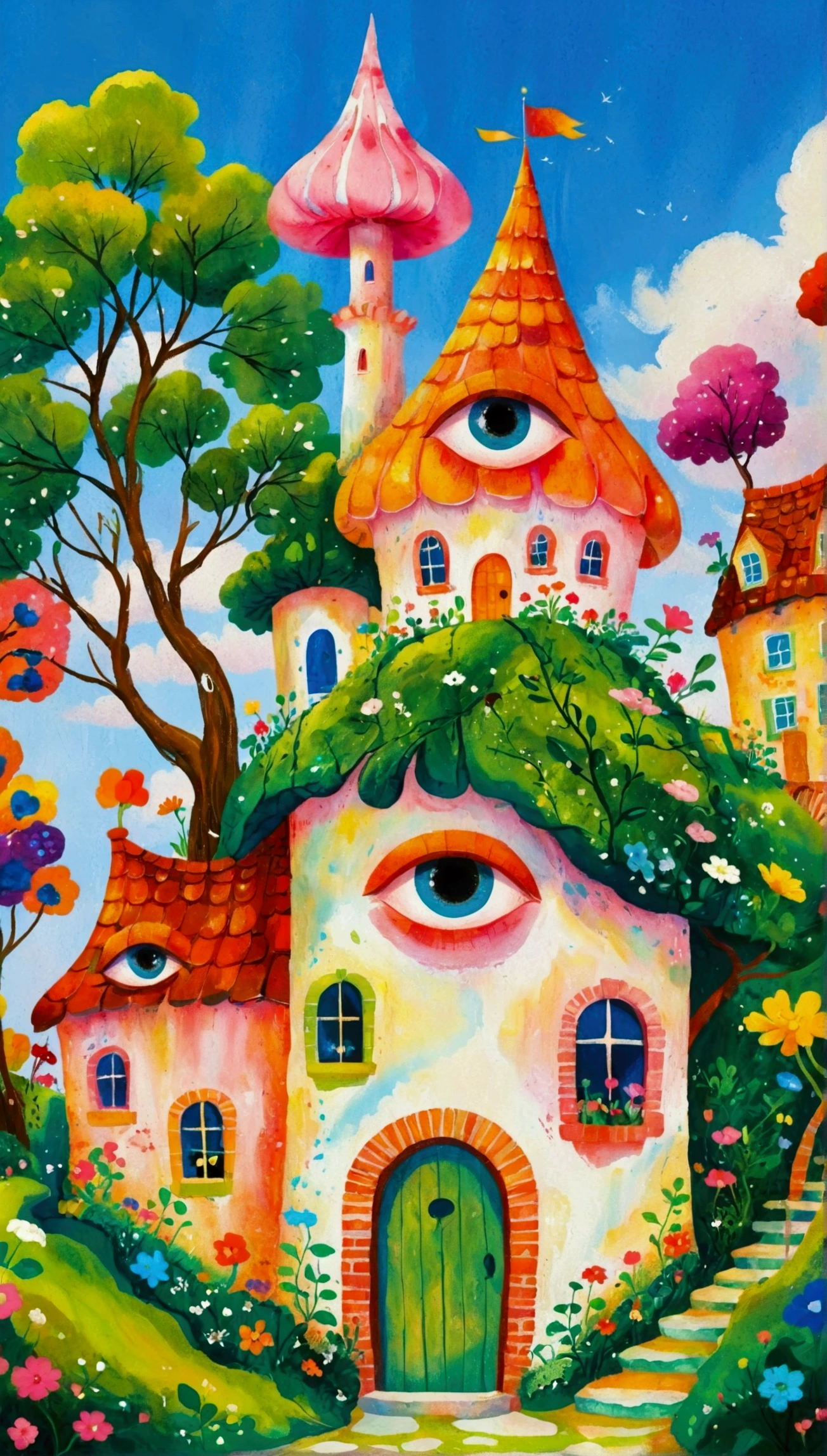 Artists from the stars，Pastel Art：长满Eye的城堡，(((Eye)))，Twisted Castle，Colorful black，植物上的Eye， Popular trends on pixabay, Childish Art, Fantastic art, Fantastic and psychedelic, rich and colorful house, sunlight and Fantastic houses, Fantastic fantasy landscape art, rich and colorful illustration, rich and colorfull illustration, Magical Village, Fantastic!!, Wizarding World. rich and colorful, Fantastic!!!, colorful、Rich details waiting to start 

