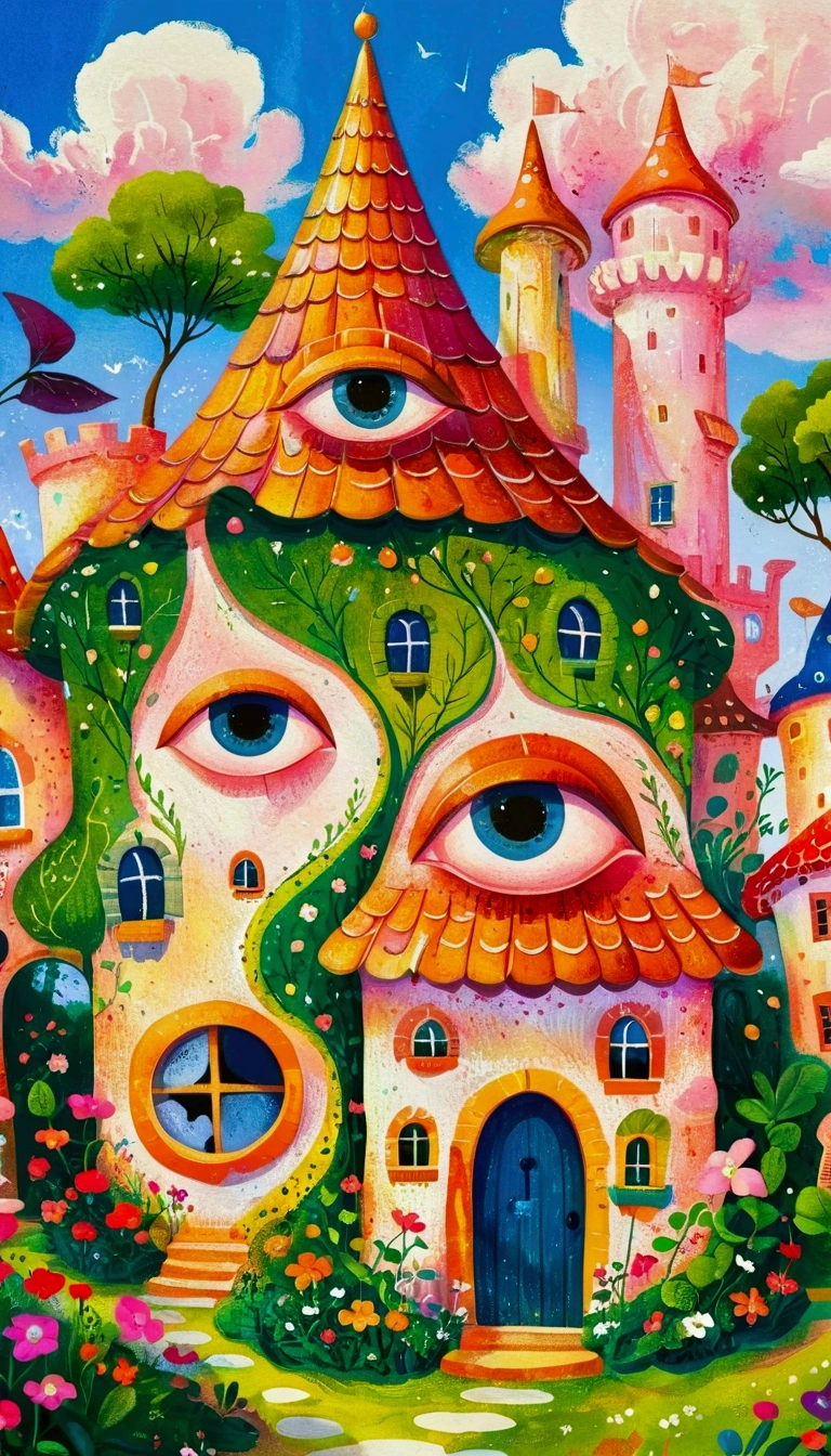 Artists from the stars，Pastel Art：长满Eye的城堡，(((Eye)))，Twisted Castle，Colorful black，植物上的Eye， Popular trends on pixabay, Childish Art, Fantastic art, Fantastic and psychedelic, rich and colorful house, sunlight and Fantastic houses, Fantastic fantasy landscape art, rich and colorful illustration, rich and colorfull illustration, Magical Village, Fantastic!!, Wizarding World. rich and colorful, Fantastic!!!, colorful、Rich in details