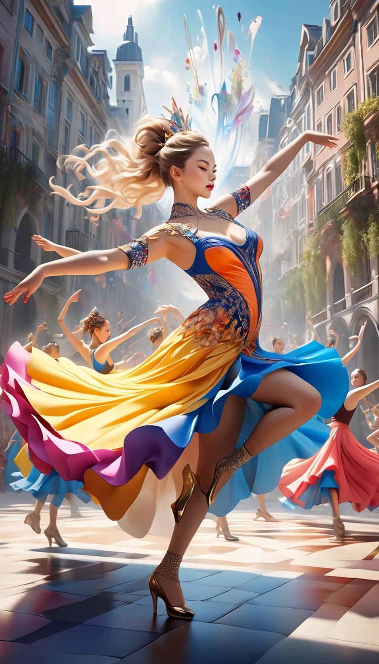 a beautiful dancing queen, dynamic fusion of world dances, creation and analysis of aesthetic performances, building new dance moves, Bold and powerful composition, Detailed and charming details, (best qualityer,4K,8k,high resolution,work of art:1.2),ultra detali,(realisitic,photorealisitic,photo-realisitic:1.37),complex choreography, stunning costume design, graceful movements, Captivating facial expressions, dramatic lighting, swirly vibrant colors, cinematic framing, Professional 3D rendering, Ethereal Fantasy, capricious imagination, surreal elegance