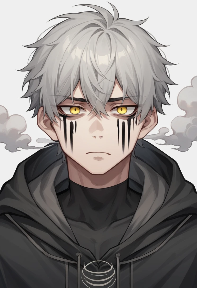 Intentional quality, intricate details, 1 man, Gray-haired, short hair, drooping head, yellow eyes, Face tattoo, scorched clothes, black pants, Black Mask, accused face, dark circles, hooded jacket, youth, Smoke coming out of my head, animation style, cartoon , tired face, lifeless face, long hair,excluding masks, sighing lightly, 