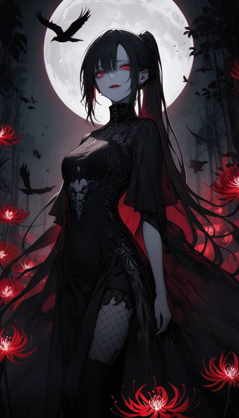 (Dark and scary atmosphere,Dark colors),Very sexy vampire,A mass of white flowers in full bloom on a red full moon night,beautifully,Pale skin