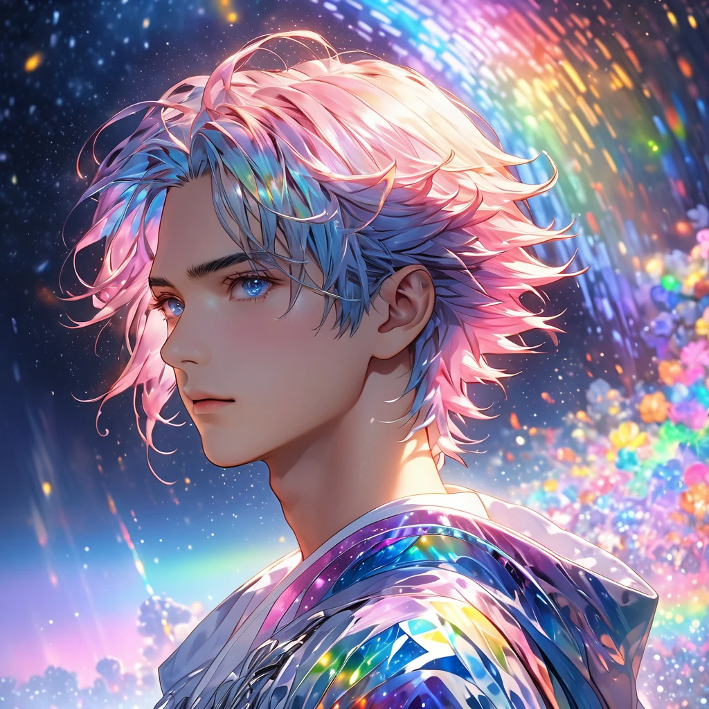 A groups of girls, bunny tail, beautiful as a fairy, a melancholy expression that stirs affection, floating hair, light particles, glare, vivid, fancy, dreamlike, a dim atmosphere, handsome, adult, nude, full body, wet, (((A handsome boy))), ((anime style)), (((aldult muscular boys))),(((male))),(((menly cyber outfit))), (night sky), (((cyber backround))), masterpiece, Light focus , (Bright gradient watercolor :1.5, Lens Flare:1.5 , Glitter :1.5)、Glow , Dreamy , ((night background))、Grid illusion, Colorful, boy, (((night sky background:1.5,Psychic in the background:1.5))),((extremely detailed eye:1.5)),{{{Ultra 8K resolution}}},((masutepiece, of the highest quality, Beautiful and aesthetic: 1.2)),{{hyper detailed masterpiece: 1.7}}, {{Cinematic lighting}},(The hair Transparency:1.5）,(Light shades:1.5，light toned，Bright big aurora background:1.5、ming:1.5，Cold reflection:1.5，The edges of the object are reflected by a rainbow:1.5) 、(Golden ratio: 1.2), (Super Detail: 1.3), (Fractal Art: 1.3), {{{Glitter Pupil:1.25}}}) , ((rainbow-colored short hair:1.2、colourful hair、Half blue and half pink hair:1.5,Shiny hair: 1.2)), (Heterochromia), (Hyper-detailing), ((delicate detail)), (intricate-detail), ((Cinematic Light, Highest quality backlight)), High contrast, {{{The best lighting, Very delicate and beautiful}}}, (( Cinematic Light)), (ray trace reflection, Glow), (((glowing aura)), {{{Glowing hair:1.25}}}, ((Super Detail)), (8K)), ((a closeup)), ((Brown skin)),(firmament:1.5),