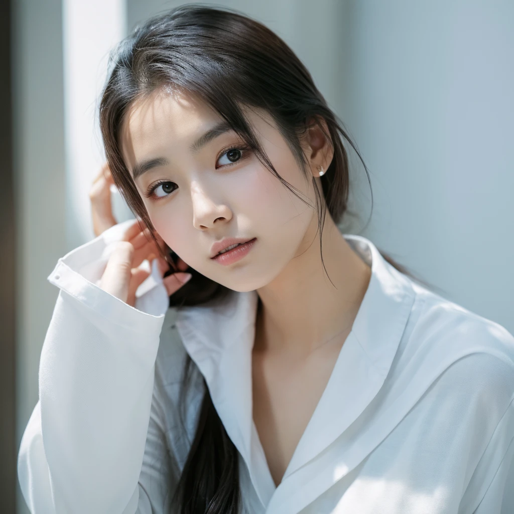 Japanese woman with small slanted eyes with black eyeliner white clothes white background looking straight at photo beautiful and beautiful realistic young woman