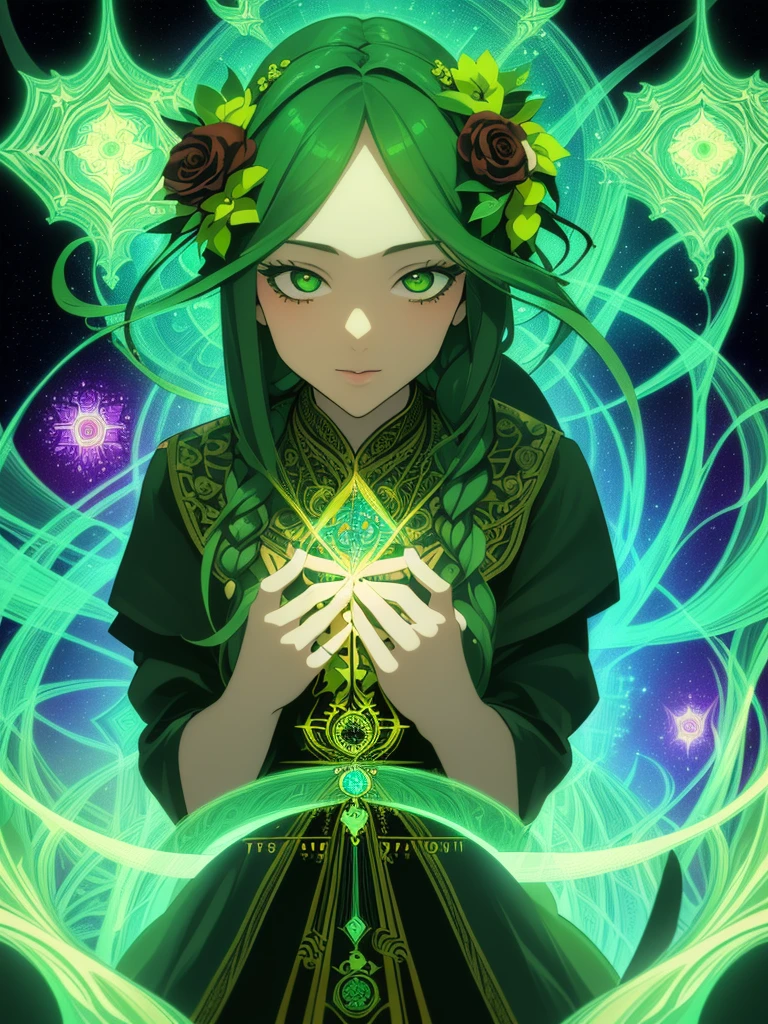 (work of art, Maximum quality, best qualityer, offcial art, beautiful and aesthetic:1.2), (1 girl:1.3), (Fractal Art:1.3), card, tarot, hair green, twin braids, hair flower, (good lighting:1.1), ((high resolution)), Tarot card style calcinha preta mostrando