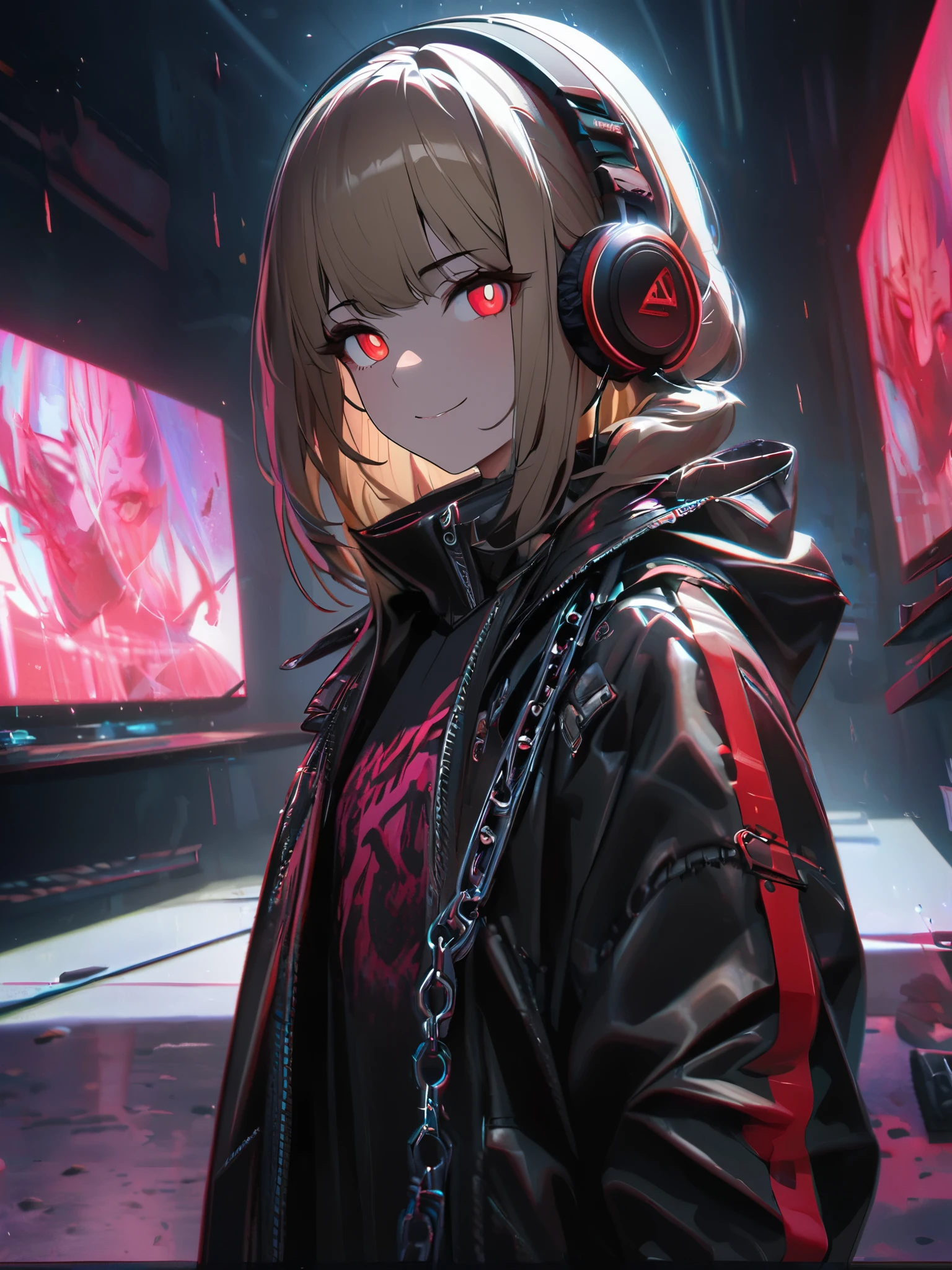 1 girl, chromatic aberration, Written boundary depth, Soft Light, masterpiece, Highest quality, complicated, Tone Mapping, Very detailed, Art Station, Concept Art, Smooth, Clear focus, Dramatic lighting, Very detailed artwork, movie, super practical painting, Art Station's trending, 8k, Incredible Shadows, practical, (Very detailed background:1.0), whole body, View, Viewers, Very detailed portrait of one girl 1, standing on street corner, Heavy rain and lightning、Dark Sky, neon and cyber punk background, she is dressed in punk clothing with silver chains and silver spikes, Her hair was dyed light brown..........,The middle part is black, She wears headphones, Detailed red eyes with clear pupils, Ominous aura of light, smile, punk, Cyber Rock, Backlight.Fashionable clothes、No knowledge of horses'tail、Dress code: Denim Outfit,Her hair is tied up cutely.