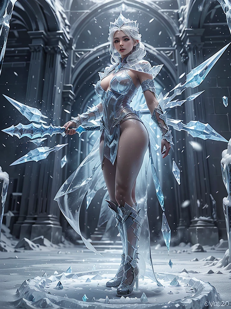 throneroom, ice, 
Raw photo、(High resolution:1.3)、(Highest quality)、8k、(Perfect Anatomy)、Back view、(Angle from below)、One beautiful woman、Beautiful and well-proportioned face、20-year-old、(Young Snow Queen standing in front of her ice throne:1.3)、Ice Castle Throne Room、(snow:1.3)、(Beautiful ice crown:1.3)、(Ice Long Sword)、(Super see-through ice dress:1.3)、(Increased transparency:1.2)、(The costumes are all made from highly transparent ice.、The embroidery and frills on the dress are recreated in ice.)、Ice furniture and walls、Intricate details、Detailed Background、Turn around and give the viewer a confident smile、(Super hourglass body type:1.3)、(Super big breasts pointing upwards:1.3)、(Wide super big ass:1.2)、Spread your legs wide and stick your ass out、Sexy and acrobatic fighting poses、(A ring of tiny ice snow forms around her.:1.3)、A dramatic, cinematic atmosphere