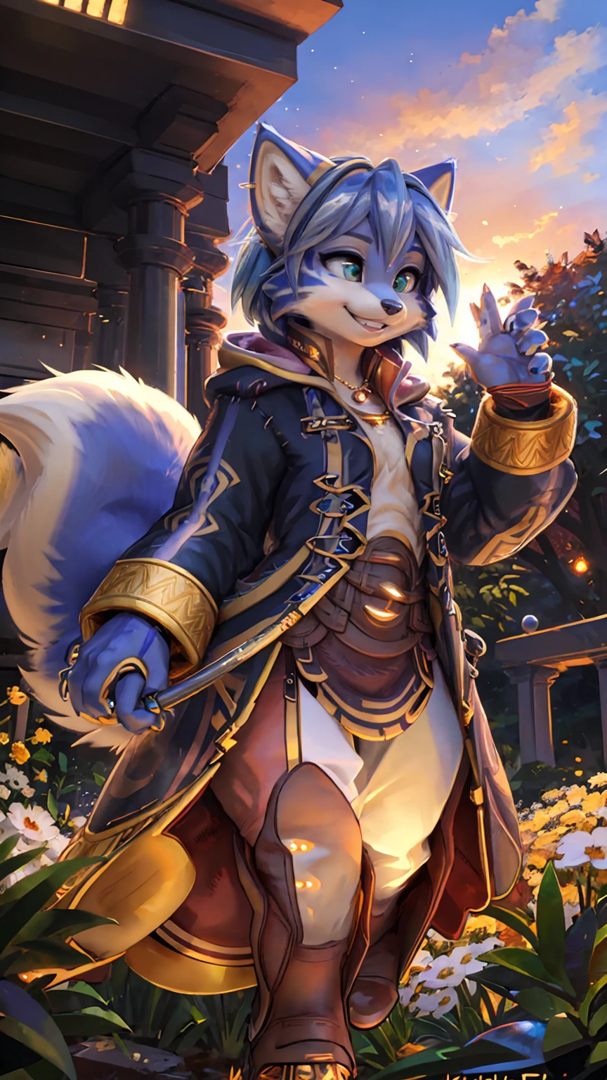 A beautiful and detailed (sweet picture) wa ((krystal)), Star Fox Krystal, sslim, lovable, green eyes, medium breasts, (((Long blue hair 1.3))),  ((black hair tips)), Decollete, grin, look up,, anthro, furry, Uploaded E621, detailed fluffy fur, (wa Fluff-Kevlar, Bayard Wu, personalize me, Pino Daeni), detailed face, (fluffy), 1 girl, alone, sweet girl, alone, mage, gown, Hose, gloves, 