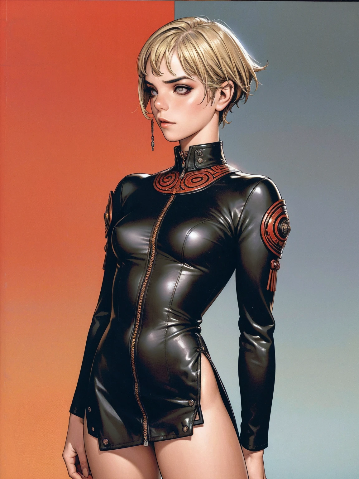 (((best qualityer))), (((manga strokes))), (((Annie Lennox))), (((super short blonde hair))), (((short cut hair))), (((hair shaved on the sides))),  short puffy neck top with rivets and screws, uma Kizi jovem muito bem vestida com roupas modernas de inverno, (((dress with red and black vertical seams))), top with vertical stripes, short jacket with dark fur collar, beautiful and expressive face, slightly-smile, big eyes with long black eyelashes, heavy make-up, chains and zippers spread across clothes, contrasting colours, pose de atitude, hair with a modern and futuristic cut, urban game poster art, dramatic camera angles, graffiti art elements in the background, design mixing contemporary and retro by Shepard Fairey, (((cowboy shot))), (((best qualityer: 1.4))), (Unbeatable masterpiece), (hiper HD),(CG 8k hyper-realistic), Kizi, (((standing alone))), pirralha violent, (((14歳))), sexly, pose de atitude, work of art, post-apocalypse, (((manga style))), bounty hunter, violent, Manic, the way you want, slenderbody, thin but strong, perfectbody, roupa moderna, advanced technology, neon, sleeves with vertical striped pattern, neutral background, (( cowboy shot )). intricate visual