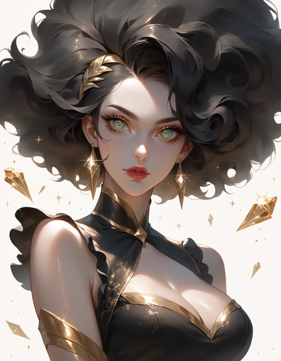 atmosfera oleosa sombria 4D style cats Boruto big sexy picture of a grown-up magical girl sexy cute mature face hair afro gold + silver marron with some puled up into a false ponytail girl is a beautiful dark Black theme with glitter and sparkles big Green crystal eye creating a glamorous and aesthetic effect. sharp focus emitting diodes smoke artillery sparks racks system unit motherboard by pascal blanche rutkowski repin artstation hyperrealism painting concept art of detailed