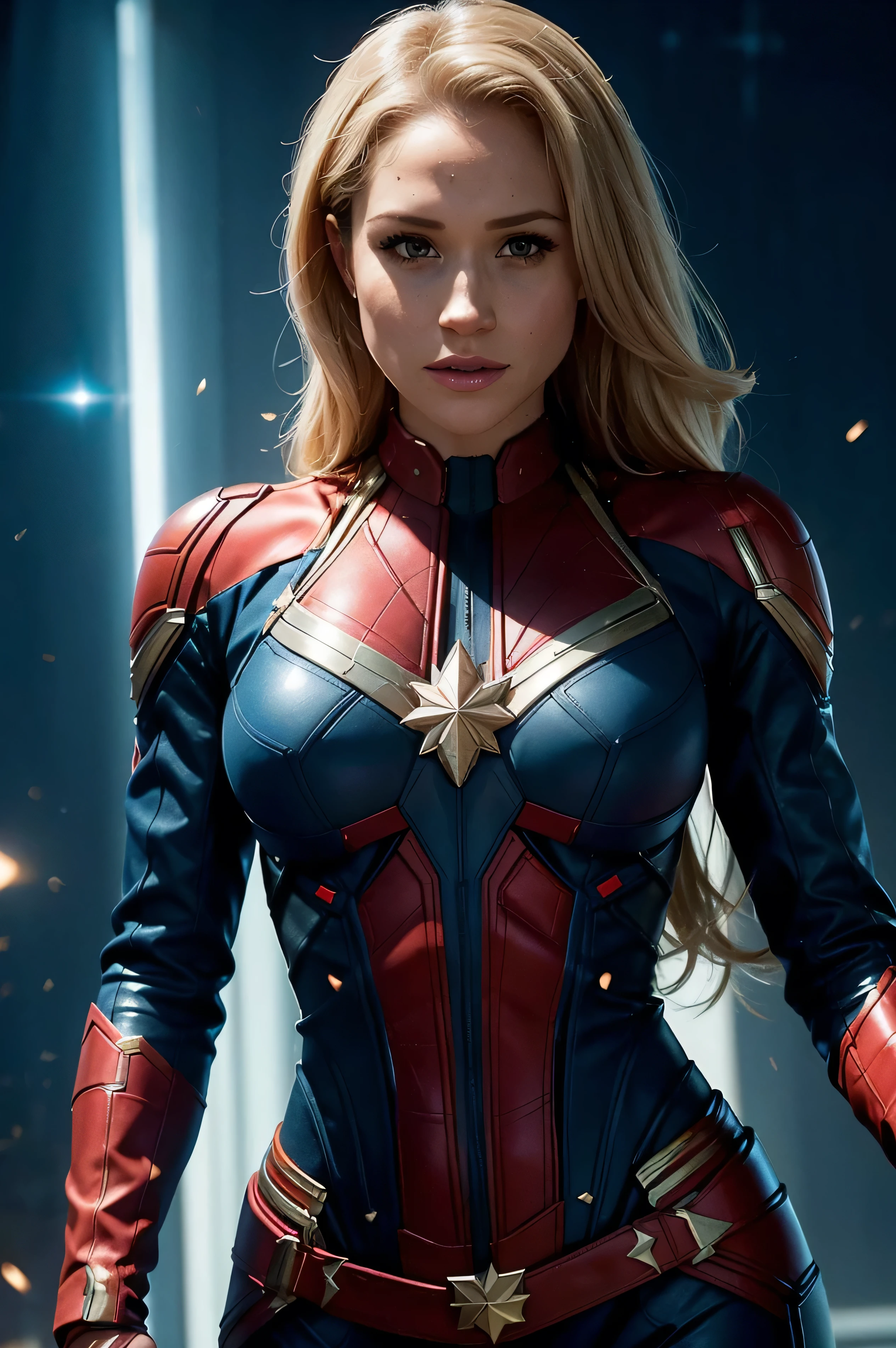 Meghan Markle, wearing Captain Marvel costume sexy clothes, her costume is transparent, revealing her skin, professionally retouched, soft lighting, realistic, smooth face, perfect eyes, sharp focus on eyes, 8 k, high definition, insanely detailed, intricate, elegant. in a cosmic background, visible breasts