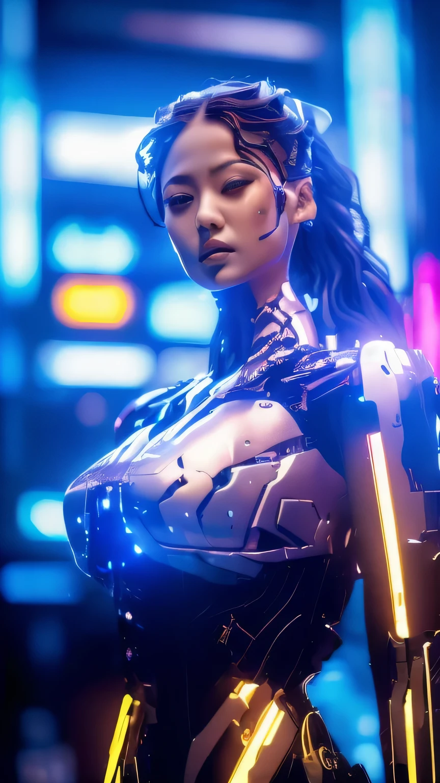 Highest quality, masterpiece, shape, (Realistic, photo-Realistic:1.37), wonderful, In detail, Unbelievably absurd, Large file size, Very detailed, High resolution, Very detailed CG Unity 8k wallpaper, Very detailed目と顔, Ray Tracing, Browsing Caution, NUDE, One Girl, Korean cyborg girl is pure and young々Has a cunning look. She is posing boldly with her arms raised above her head, Revealing her voluptuous shape. She is wearing a small black mech armor top that barely covers her breasts.., Exposing most of her flawless skin. Armor detailing has been added to the shoulders and head.、There are some brilliant highlights, Tech Panels and Mechanisms. She stands against a futuristic cityscape lit up with vibrant neon lights..、Standing full of energy。.