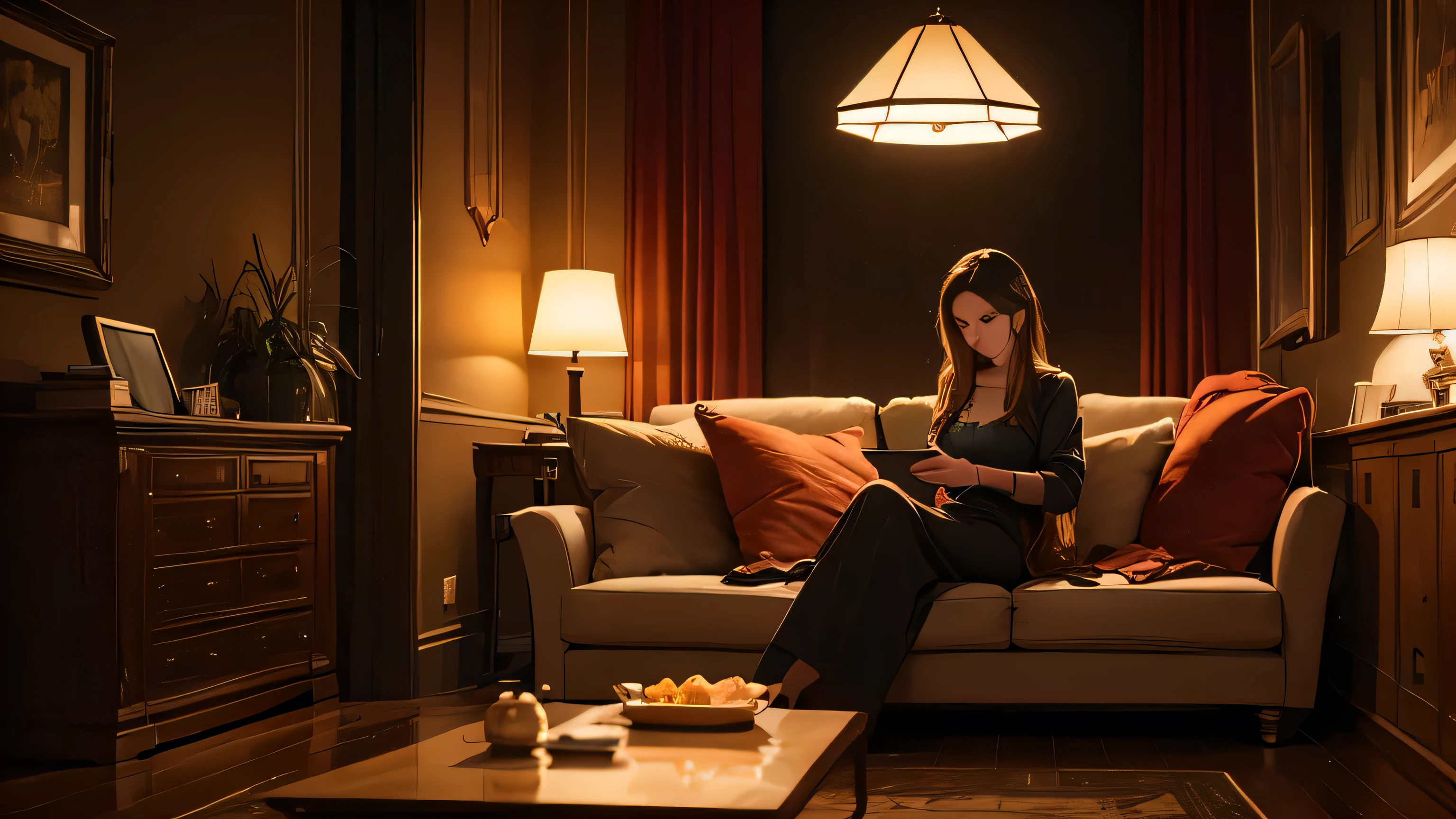 A woman sitting on the sofa browsing her phone in a cinematic and detailed scene. The setting has a warm and cozy atmosphere, with soft lighting casting a gentle glow on the surroundings.
