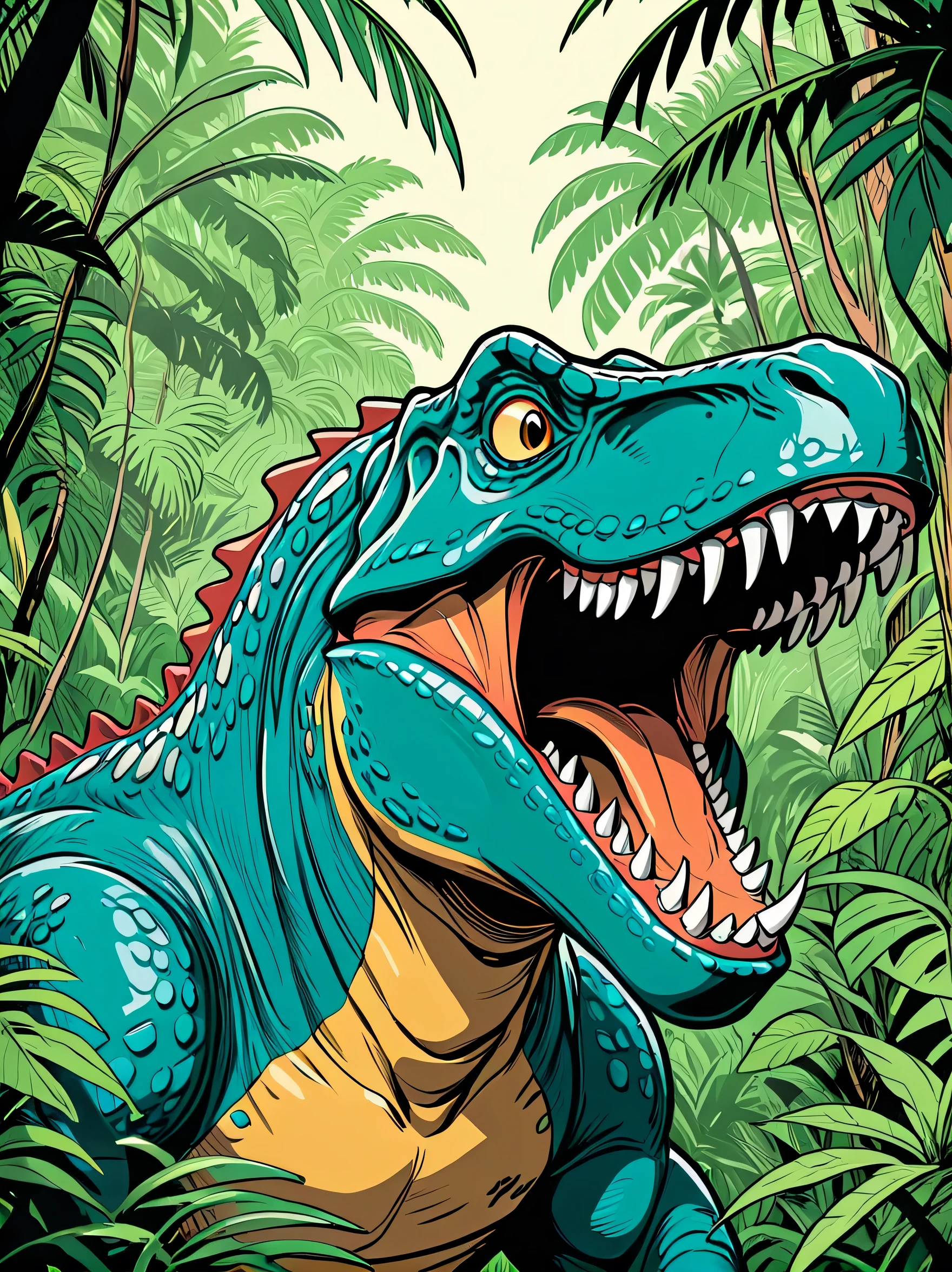 (poster composition,fine lineart, graphic novel style:1.35), ((closeup headshot:1.2)) of a big scary dinosaur roaring, ((open mouth, teeth)), ((scary eyes)), serious face, ((looking to the side, distracted)), ((jungle, trees:1.3)), cinematic, action shot, detailed,  flat colors, inked lineart, paper grain 