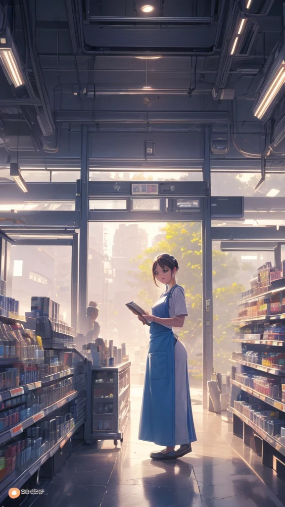 young woman,Smiling cashier standing in front of cash register,((There is a cash register on the table)),(Scanning product barcodes at the cash register)),Supermarket clerk,Wearing an apron,((Working as a cashier)),((Cashier)),((cashier,register,)),((Receive money from customers)),There are products on the shelves,In the supermarket,Bright interior