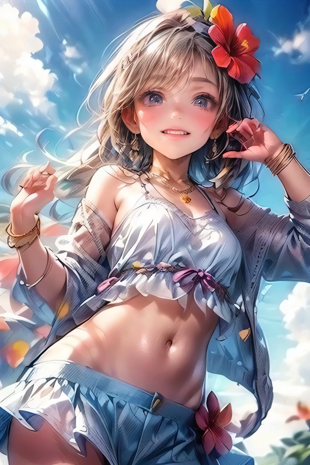 image that features a cute young girl in a bikini and a flower in her hair, Crochet Sweater Cover Up, A scene where you hold your hands up and look up at the sky, 1girl, bikini , middle-breasts, flower, Crochet Sweater Cover Up, hair flower, hair ornament, solo, smile, long hair, jewelry, bandaid, hibiscus, cleavage, bandages, bracelet, vibrant colors, navel, frills, mole, beachball, looking at viewer, grin, necklace, from below:1.4, sun, lens flare, highest quality, highres, masterpiece:1.2, 16K, Super detailed, surreal, dramatic lighting, chiaroscuro, smooth skin with marble texture, elegant and gentle look, ancient castle architecture fantasy background, hair ribbon, head tilt, little smile, blushed cheek, through bangs:1.2, bright eyes, shining pupils, (beautiful detailed eyes, beautiful detailed full lips, extremely detailed eyes and face, long eyelash, thighs), hyper realistic, photorealistic:1.37, vibrant colors, warm tone