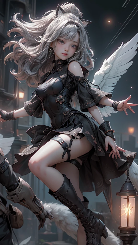 ((Highest quality)), ((Truly a masterpiece)), ((Ultra-detailed:1.4)), ((Ultra-Photorealistic 3D)), Android Magical Girl, Mechanical body, Dynamic action poses for battle scenes, Very complex and heavy fighter aircraft mechanical armament, Off-the-shoulder fashion that combines steampunk and gothic lolita with attention to detail, Intricate steampunk headgear, Very thin、Over-the-knee reggae mechanical boots、Fluttering lace flare mini skirt、 Beautiful small breasts directed upwards、Swaying in the Wind、Long, curly silver hair,、Countless large, shining spheres fly around、Lots of sparks cross and fly、Countless neon lights pouring down from the magical pose、Complex and precise mechanical Night City、Very dark background、Very dramatic and cinematic lighting、Big wings on the back8Growing in Sheets。