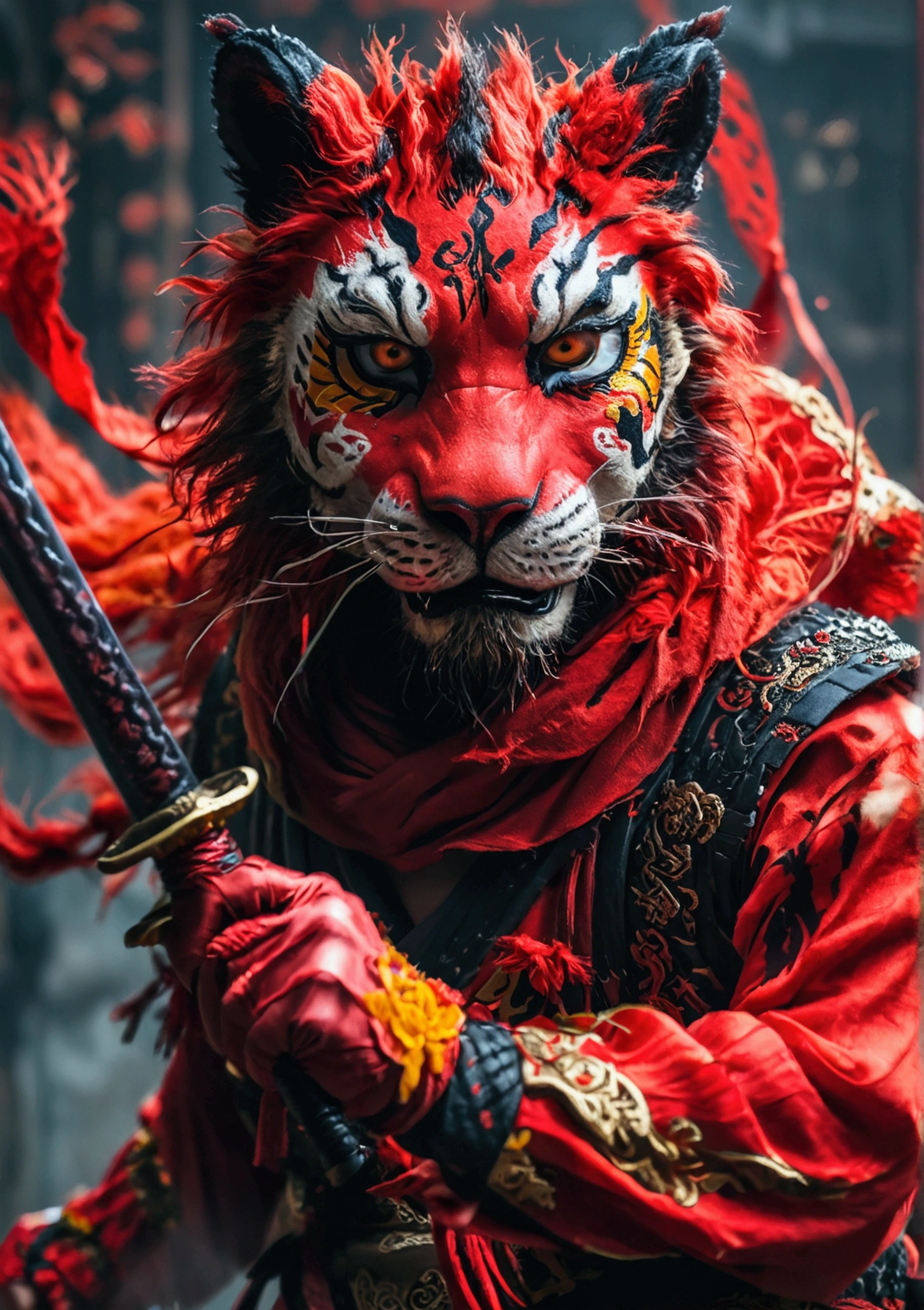 A ninja wearing a Korean lion mask is dancing in red, threateningly