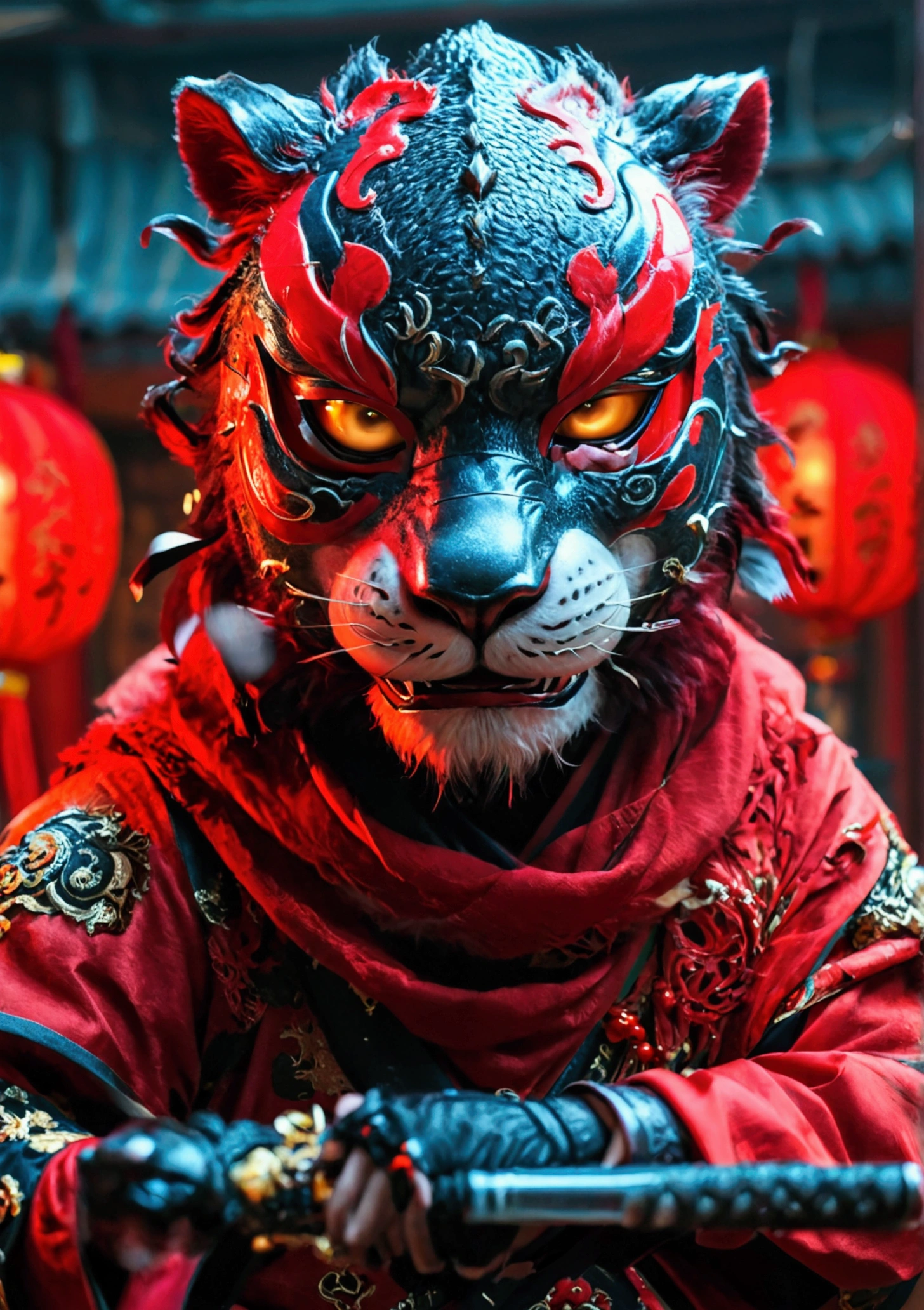 A ninja wearing a Korean lion mask is dancing in red, threateningly