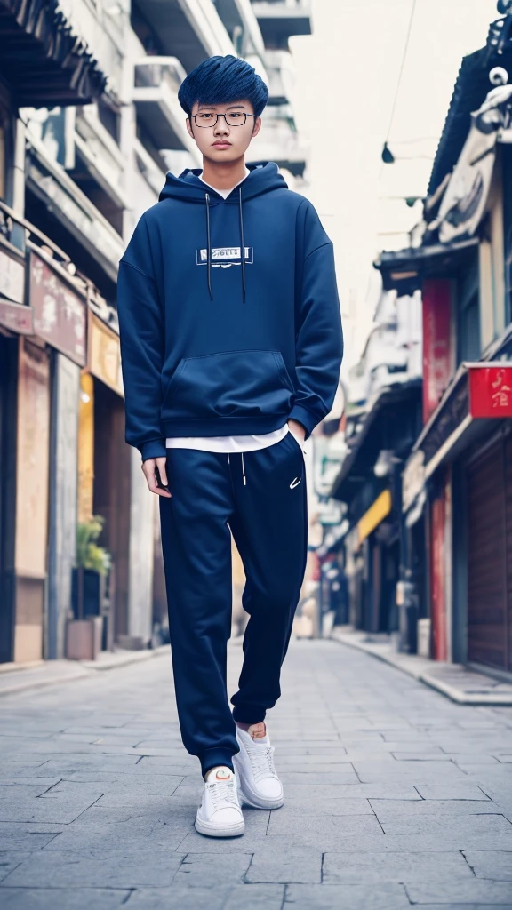 21 year age old Chinese boy, he is wearing a oversize xxl blue plain Hoodie, he is wearing black trousers, he is wearing sneakers, he is wearing glasses, nightclub, full body,  (he is Korean Hairstyle), foot, walking 