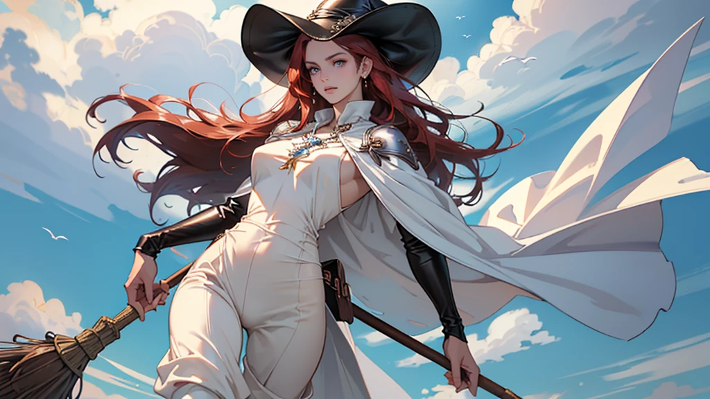 masterpiece, super detailed, 8K portrait, RAW photo, portrait photography, highly detailed face, beautiful and detailed eyes, ((fantasy)), young and beautiful, dynamic pose, (((long dark red straight hair))), ((witch)), white skin color, luxury, crystal necklace, (((Cloudy white silk long cloak))) fluttering in the wind, (((long one-piece tunic))), (((cropped pants)), (((leather boots))), ((fly in the sky on a magic broom)), midday sun, surreal, body model, big breasts, beautiful breasts, long legs, In the sky, environmental lighting, shadow details , Focus the camera on the thigh, strong wind, light fog