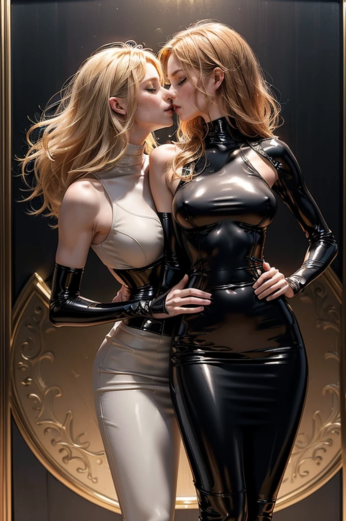 (Detailed illustrations, Very detailed and detailed drawing, Delicate lines with slow and rapid, Realistic texture expression), Two women with long blond or ginger hair, long curly hair, (((passionate kissing))), kiss, (((eyes closed))), (((closed eyes))), erotic, (((one girl is touching the other sensually and grabbing her crotch))), ((intimate)), ((hand in pants)), ((fingering navel)), ((empty ball room background)), standing in the ball room, (((very skinny figure, very thin waist, very narrow hips, very slim legs, large breast, athletic body))), ((elegant dress or pencil latex skirt)), ((latex bolero)), latex bustier, ((shiny ultra glossy latex)), black and golden colors