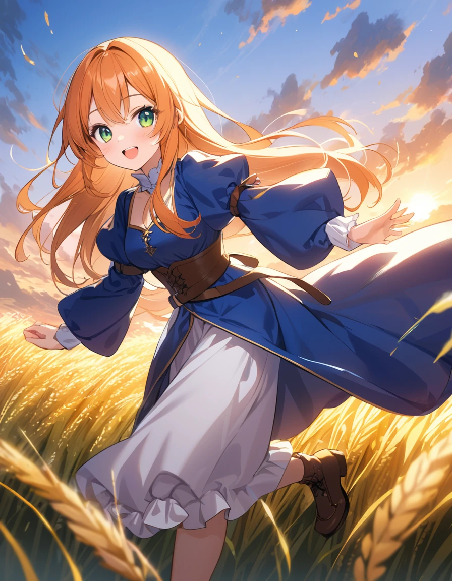 1 girl, solo, long orange hair, running, (high wheat field), turning around, emerald eyes, long blue dress, middle ages, medieval outfit, long sleeves sunset, light from behind, shadow on the figure, smile, laughter, (blue sky), against the background of wheat, standing in the distance, looking at the viewer, full-length