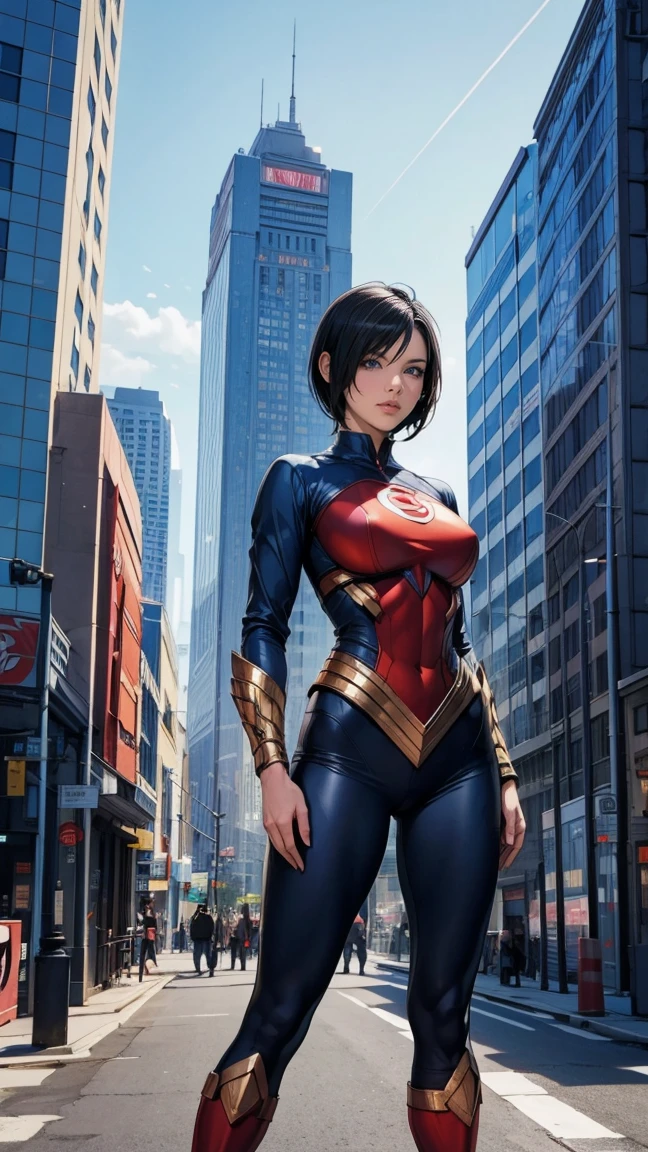 superhero,beautiful woman,amazoness,looking at viewer,black hair,short hair,standing in city, ultra detailed, best quality,aesthetic,masterpiece