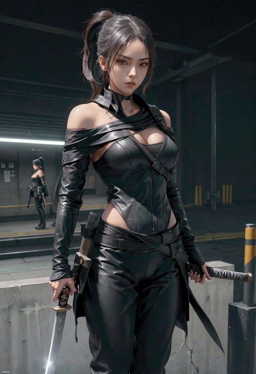 masterpiece, ultra high res, photorealistic, a assassin Girl, wear off shoulder black leather suit, holding a samurai sword, standing in the shadow of a concrete pole in dark subway train station, dynamic pose, low light, shadow effect, photorealism