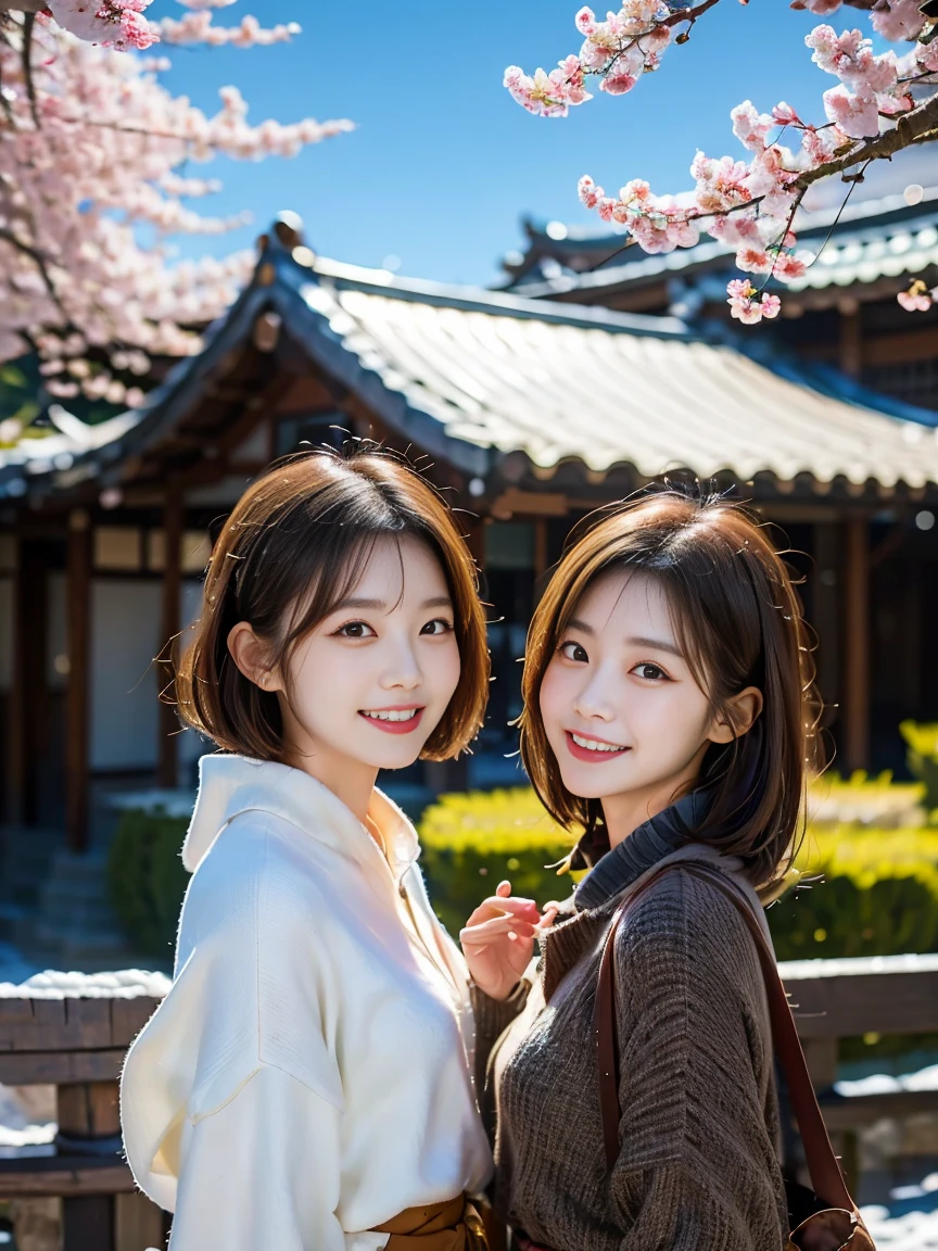 medium shot, two cute Korean girls enjoying a hot spring, upper body outside the water, with a traditional wooden house and cherry blossom trees in the background, film photography style, movie pster, foreground photography, by wong kar wai movie style, looking at viewers, snowing